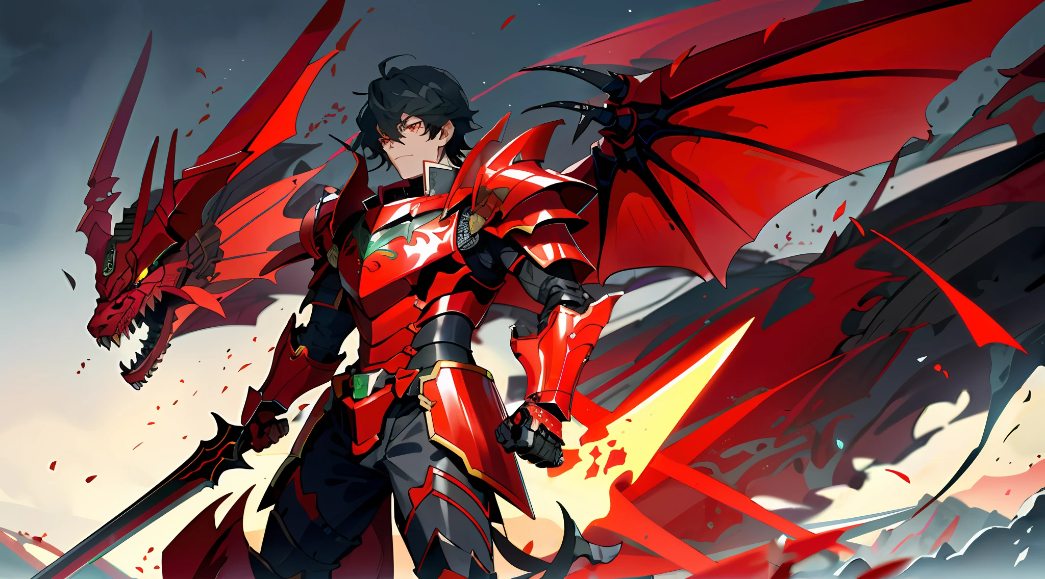Close-up of the red and black dragon holding a sword, Dragon Knight, gurenn lagann, dragon cyborg, draconic looking armor, Dragon armor, demonic dragon inspired armor, high fantasy kamen rider, , dragon ancient full plate armor, portrait of dragoon, Red Devil Armor Red Dragon,Emperor,Hand Guard,red colour,Biomechanical,Imperial style,Full body like,Green light wings,External blood vessels,Fluorescence,Huge wings of light,Surface fluorescence,human - shaped,holding knives