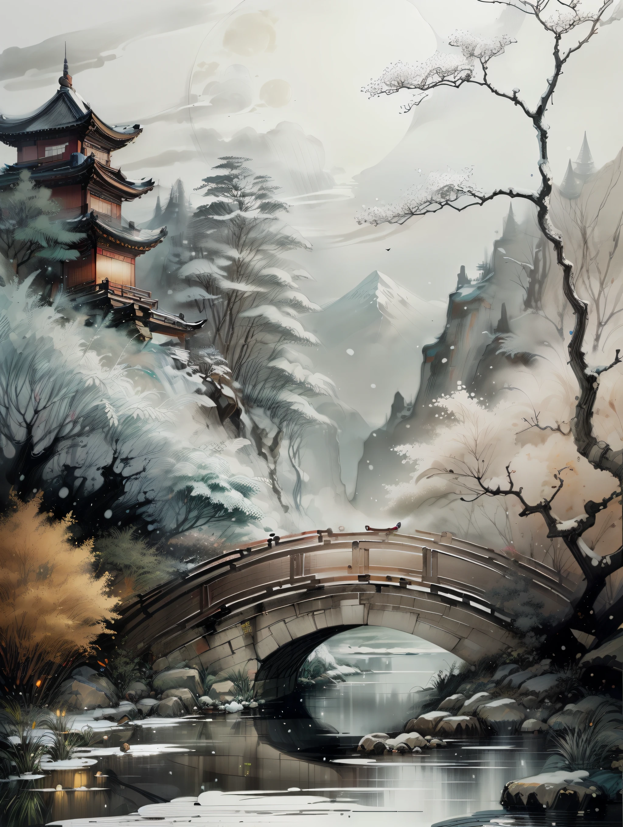 masterpiece,best quality,Chinese (((wyy_style))),martial arts style,an snowing asian night scene with lanterns and water lilies,asian pond with many lanterns and boatsa night scene with many lights and boats in the water, snowflakes ,Lake surface, lotus flowers,beautiful night scene,(((Chinese martial arts style))), with vast sky, continuous mountains and steep cliffs, ink wash style, outline light, atmospheric atmosphere, depth of field, mist rising, bamboo, pine trees, octagonal stone pavilion, waterfall flowing water,big full moon,(No color) , Monochrome, light color,