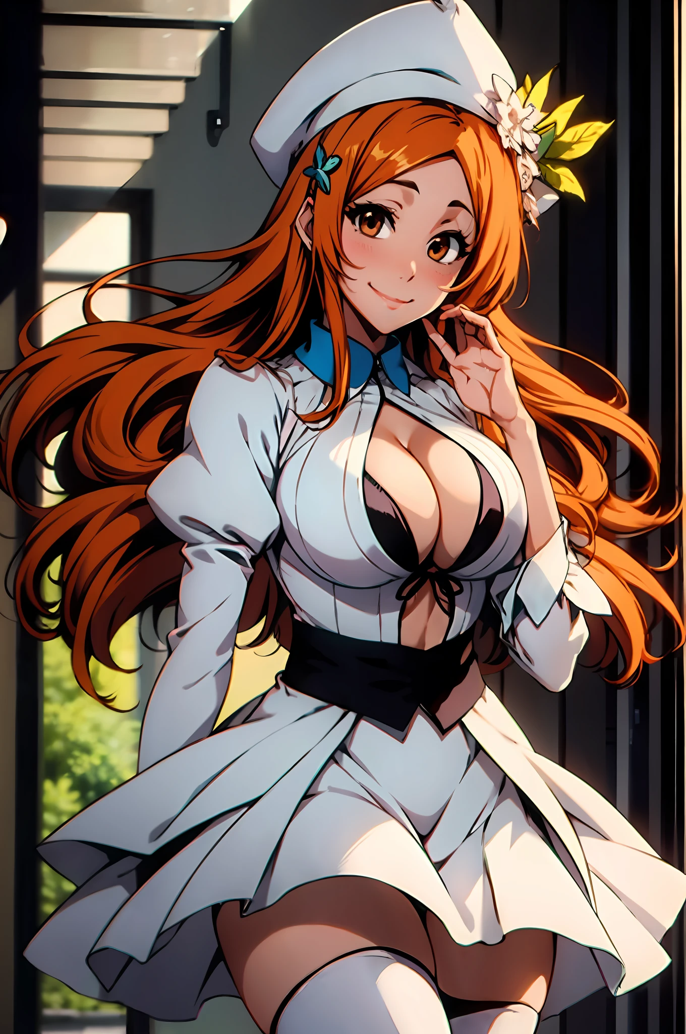 Orihime inoue, bleach, 1girl, solo, white (Orihimesomakjskirt ,cleavage, long skirt, puffy sleeves hat, hair between eyes, long hair, hair ornament, looking at viewer, messy hair,  orange hair, solo, thigh highs, thighs, long hair, ((masterpiece)), standing, sexy pose, blush, shy, smile, closes mouth,