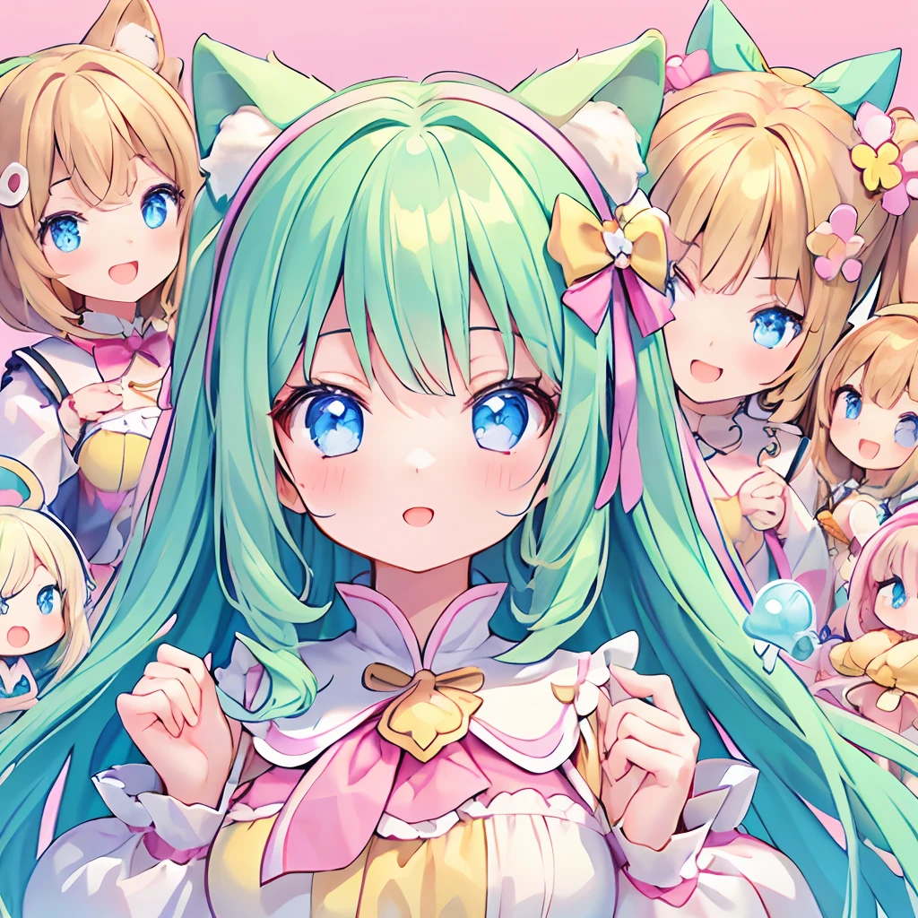 masterpiece, (million 2girls and 2girls and 2girls and 2girls), idol, closeup, big eyes, kawaiitech, kawaii, cute, pastel colors, best quality, happy, deep background, symmetrical, tilted head, spring