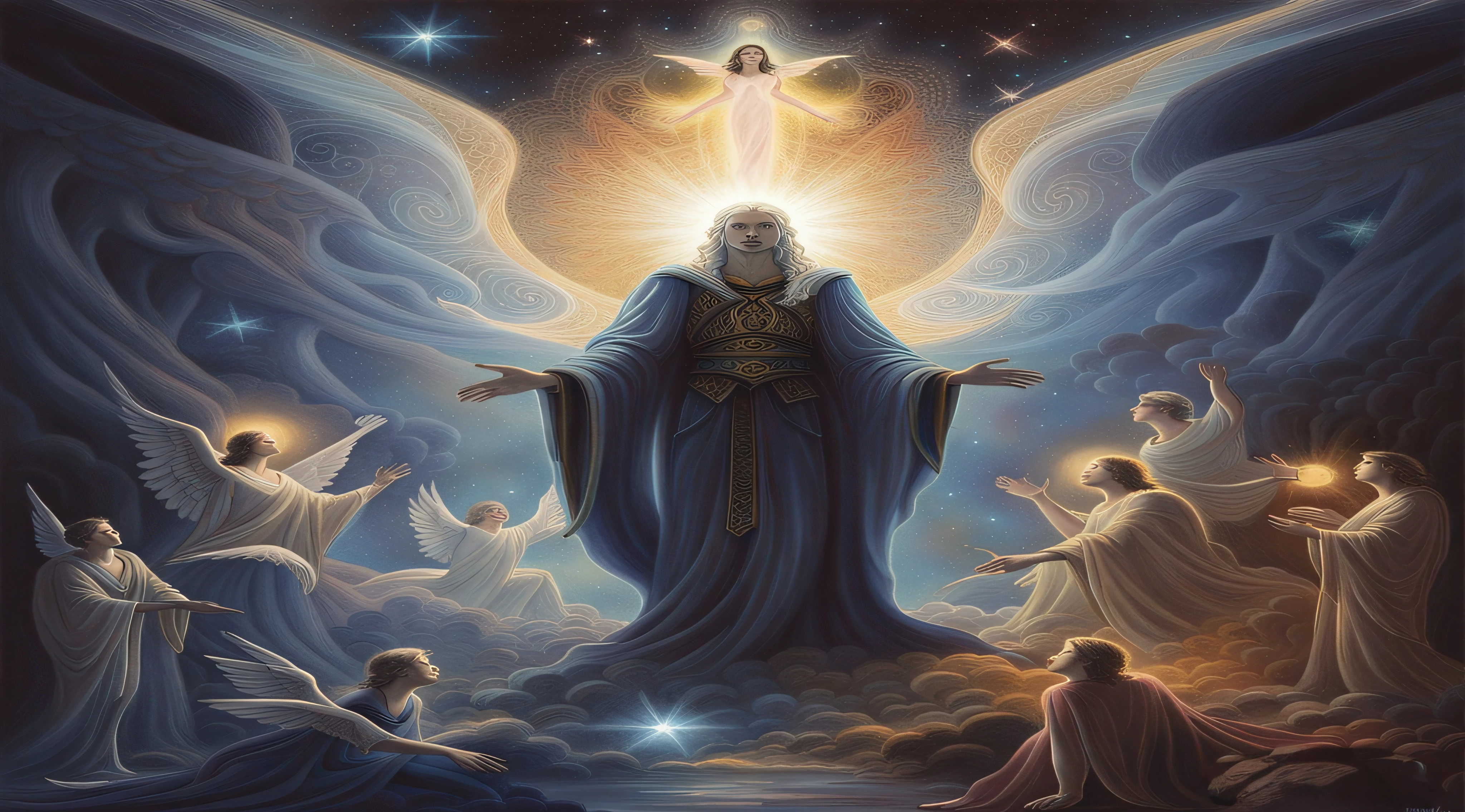 "The creator cosmic God creating the angels in the dark fantasy world at the beginning of time" --auto