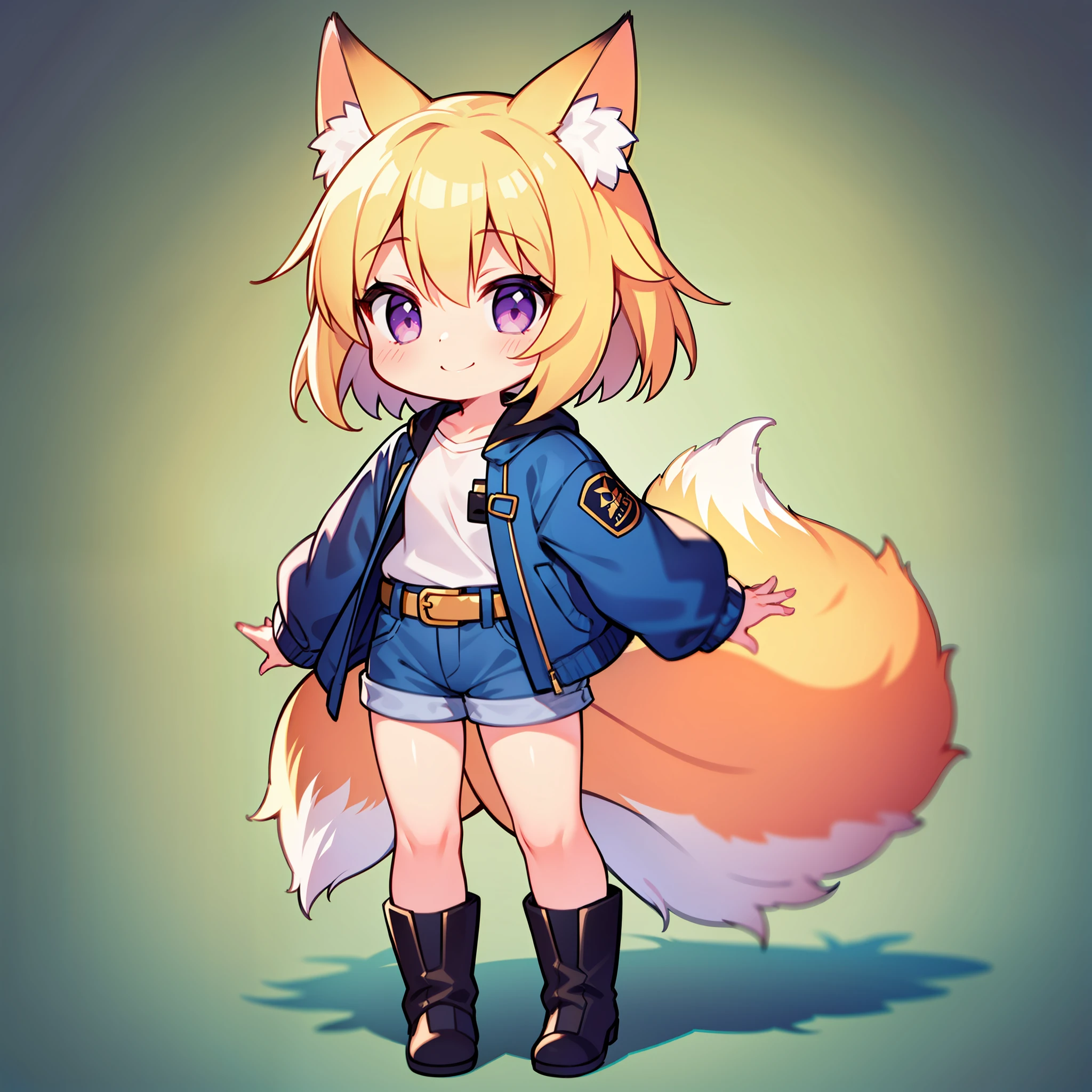 Wearing a navy blue jacket over a white shirt, Fox ,Gold Hair , Illustration, 1girl in, nffsw ,Chibi , Comedily small, Cute ,Little ,Whole body ,to stand ,Lori ,Wearing navy blue jeans shorts ,Wear a black belt ,Fox Girl ,Fox ears grown ,Short hair ,Wearing white boots ,Wearing long black socks ,Fox tail grows ,Purple eyes, 1 person, smile