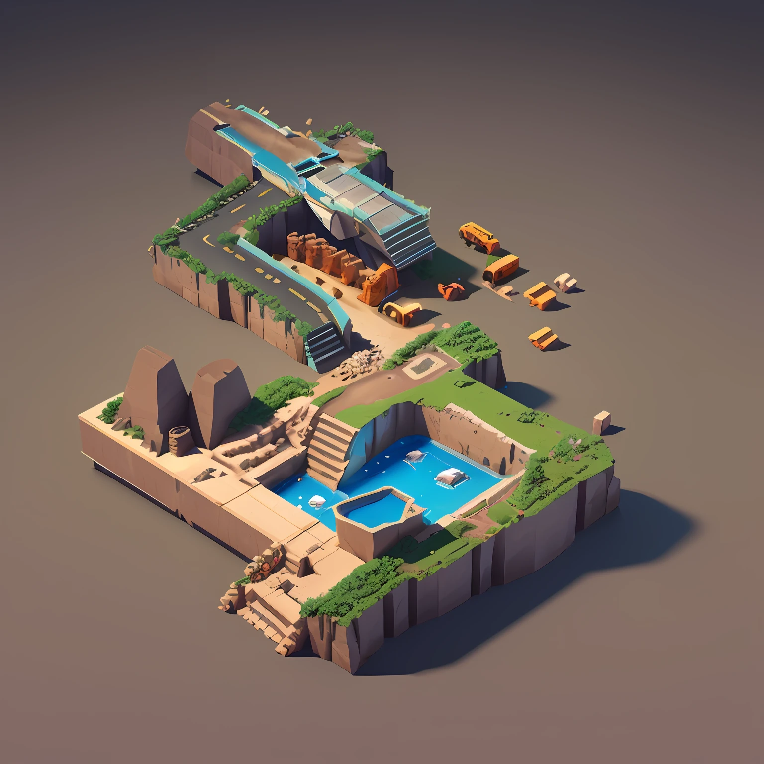 (Isometric perspective:1.5), (pixar-style:1.2), Various pits and piles of ore residues excavated in the mine, Mine caves, Mine, Waste residue, mound, Ore pile, Stones, Mining equipment, Global illumination, Ray traching, Modeling, HDR, Octane rendering, unreal render, behance, dribbble, artstation, best qualtiy, 8k,
