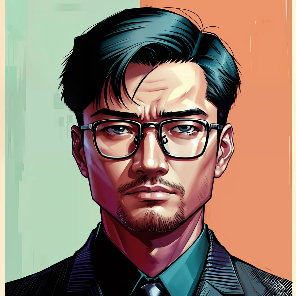 Close-up of a man with glasses and tie, martin ansin artwork portrait, rob rey and kentaro miura style, stanley artgem lau, nft portrait, inspired by Yanjun Cheng, author：Liam Wong, in style of kar wai wong, inspired by Raymond Han, paul kwon, inspired by Russell Dongjun Lu, inspired by Liam Wong
