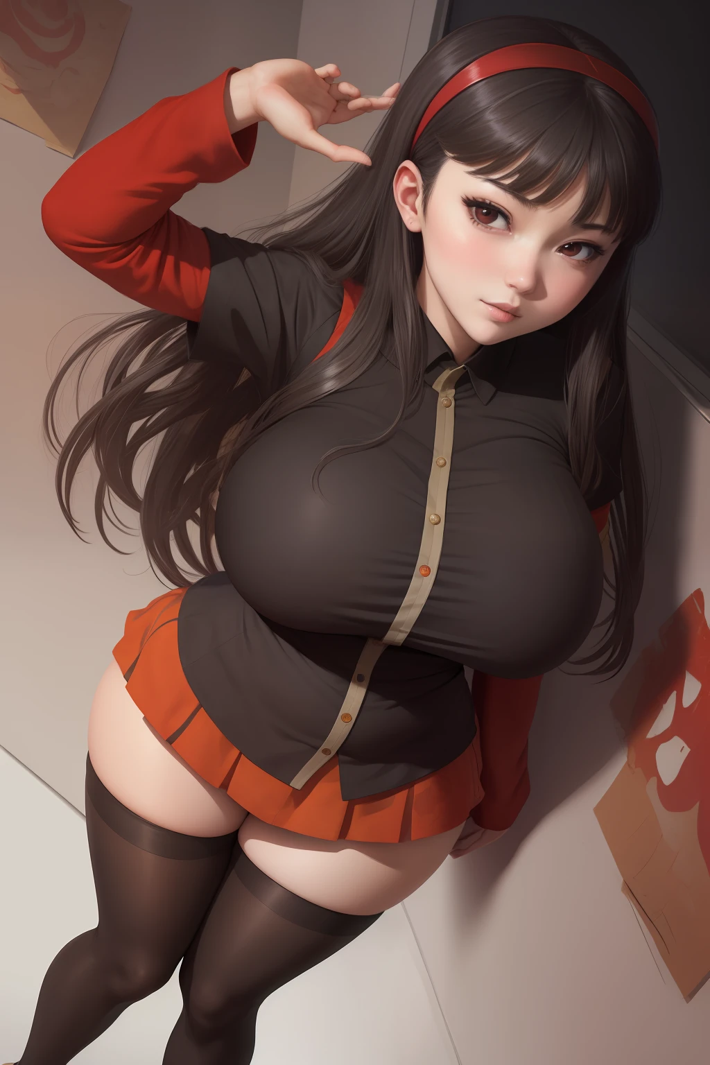 (best quality), big head, face neutral, (yukiko with huge breasts:1.2) in a black shirt and stockings posing for a picture with her legs crossed and her hand on her hips, full body