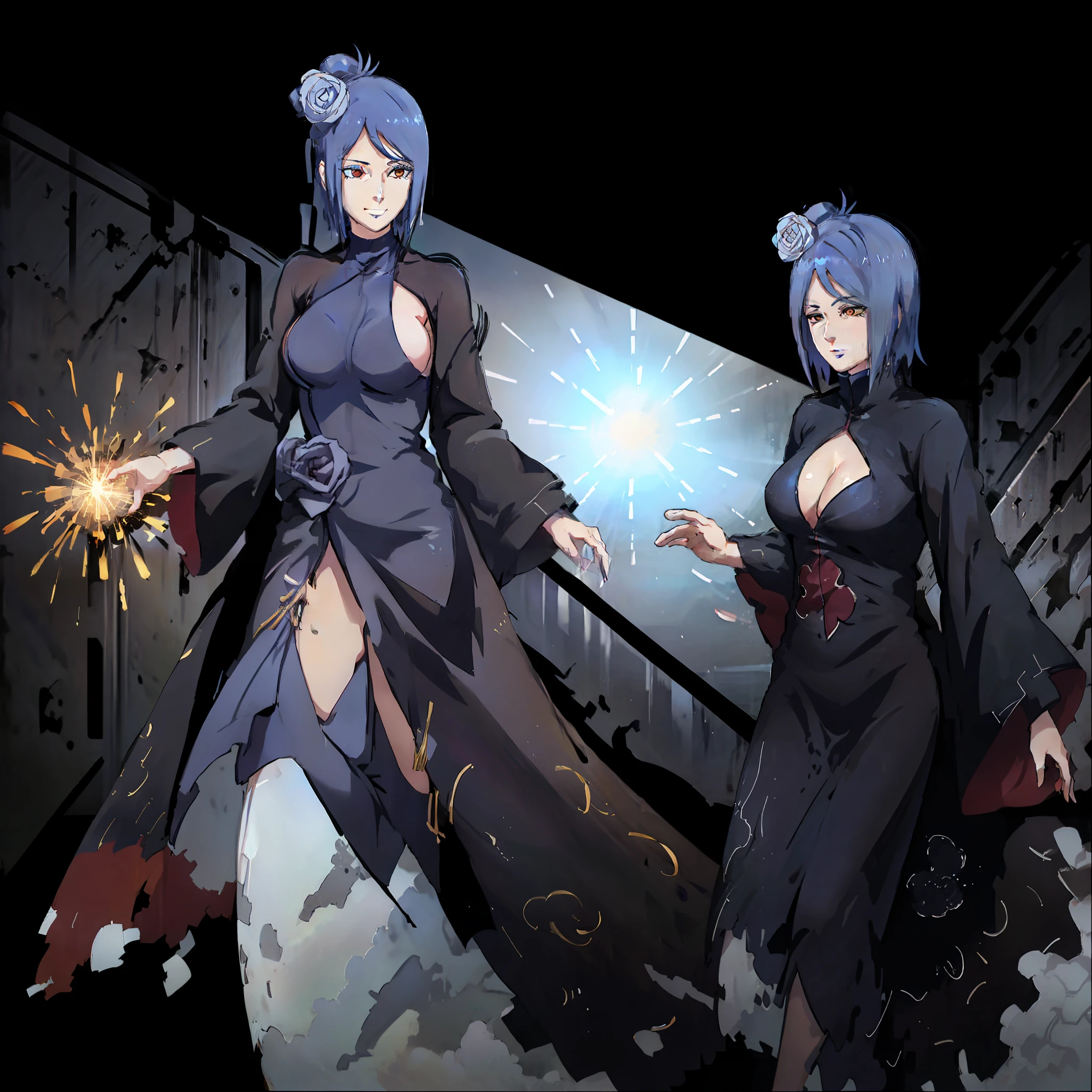 Xiaonan,blue hairs,Wearing a deep V gown,Back against the cruise ship guardrail,A smile on his face,Whole body diagram,the golden ratio,the breasts are large,cleavage,The background is at night at sea,There are fireworks in the sky,You can see the background,high qulity,high detal