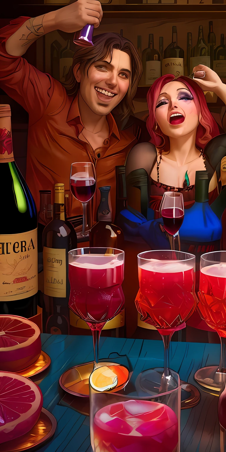 There are two people, who drink together at the bar, valentina remenar, Galen Dara, Glam rockers drink wine, Ignacio Zuloaga, bartending, applause, on a dark background, inspired by Peter Aertsen, Chianti Molotov cocktails, an album cover, with a drink, Drinks, adam varga, alcohol