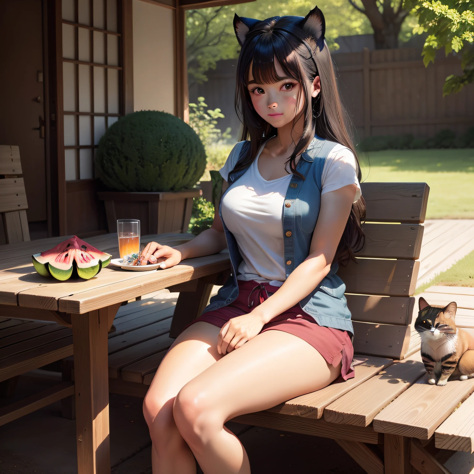 best qualityer，a pregirl，End cup，Drink water，Hold the cup with one hand，cabelos preto e longos，Blue pupils，Sitting in the yard，There are cut watermelons in the tray next to the seat，Plenty of sunshine，tree shade，flipflops，Gilet blanc，red short，Tanuki cat。A high resolution，beauitful face，body，detailed eyelashes，Exquisitehands，Delicate watermelon，8k ultra high definition，japan manga style，（realisticlying：1.1）