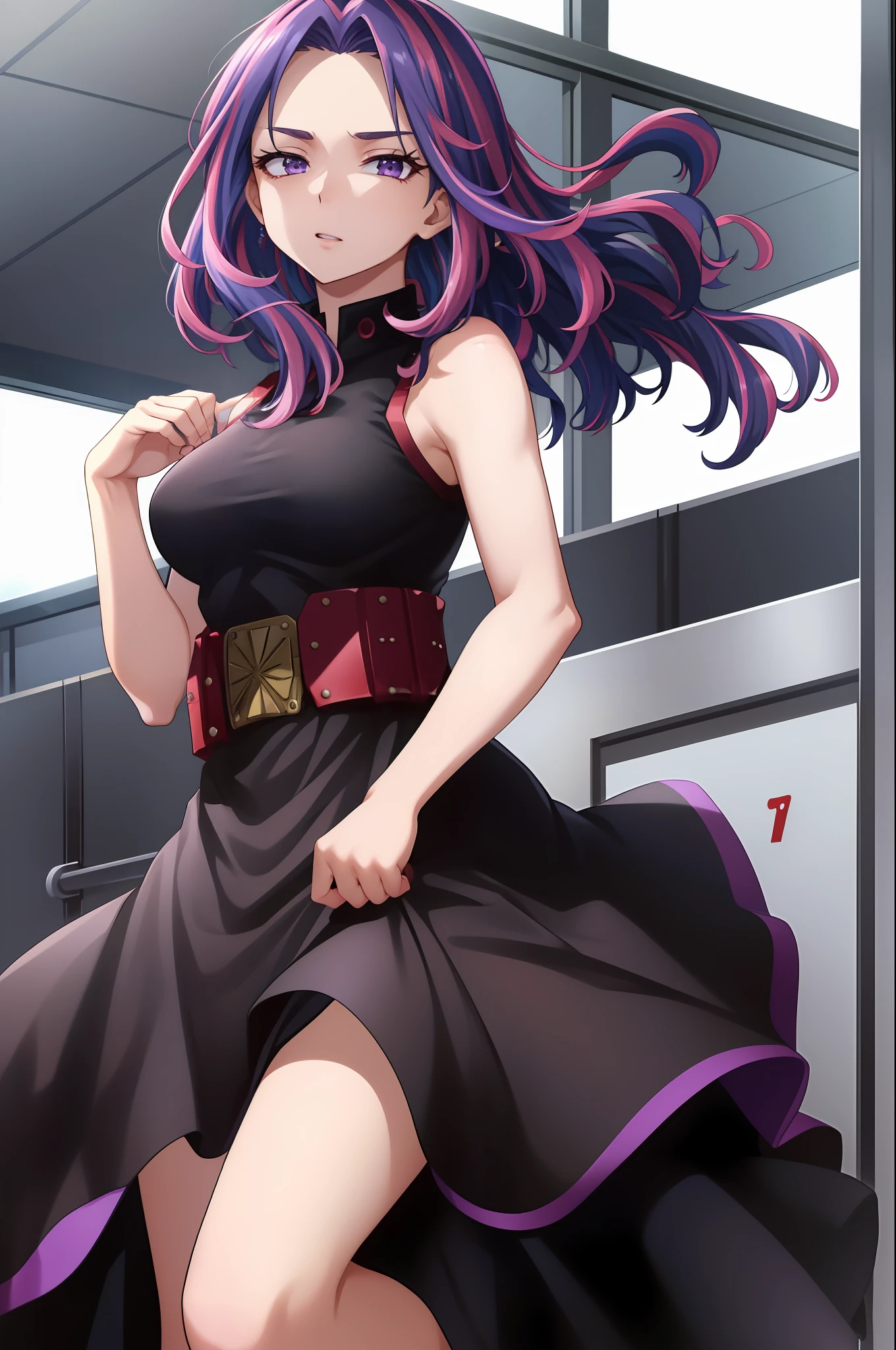 scan, (extremely detailed CG unity 8k wallpaper:1.1), highres, (1girl), lady nagant, boku no hero academia, (purple hair), (multicolored hair), (purple eyes), black dress, sleeveless, breasts, belt