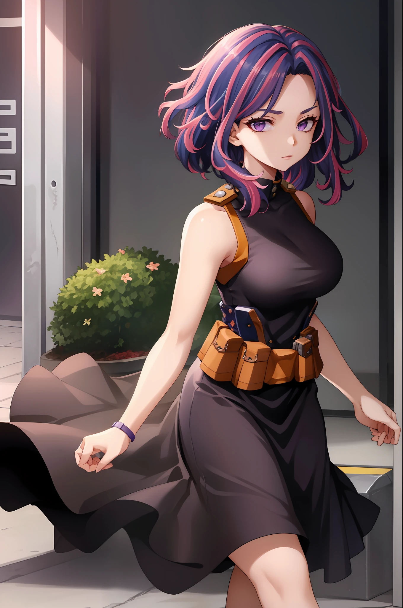 scan, (extremely detailed CG unity 8k wallpaper:1.1), highres, (1girl), lady nagant, boku no hero academia, (purple hair), (multicolored hair), (purple eyes), black dress, sleeveless, breasts, belt