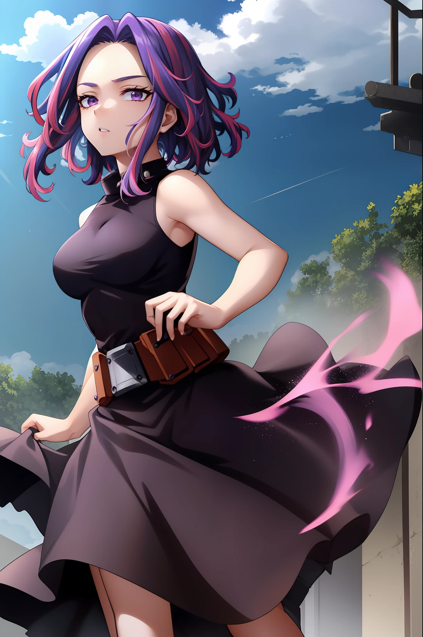 scan, (extremely detailed CG unity 8k wallpaper:1.1), highres, (1girl), lady nagant, boku no hero academia, (purple hair), (multicolored hair), (purple eyes), black dress, sleeveless, breasts, belt