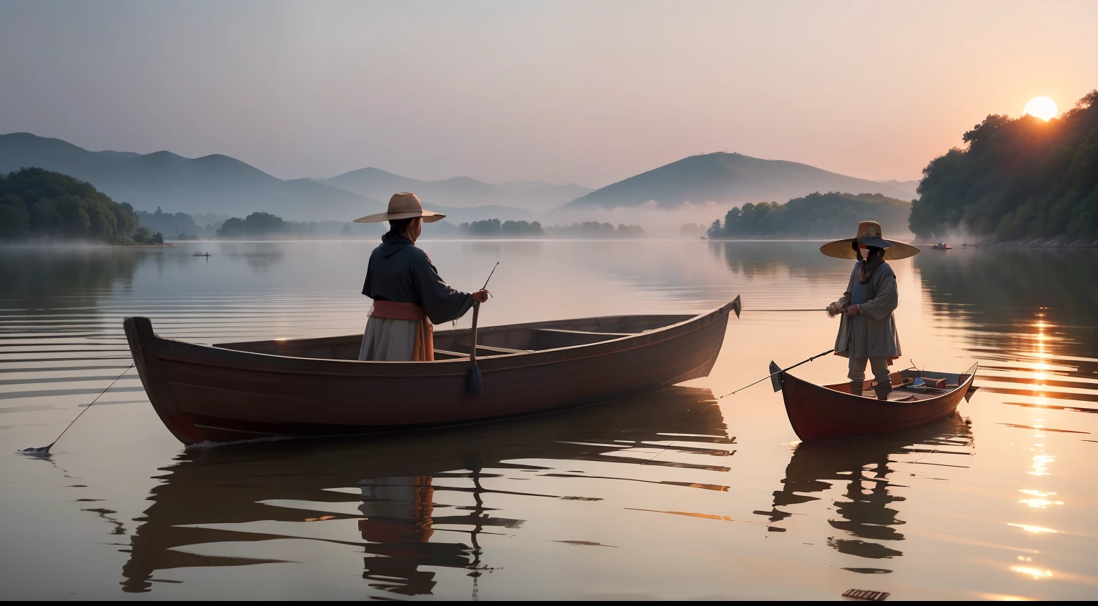 the setting sun,Evening sunset,Fishing on the lake、Spread fishing nets,Farmers in China,A farmer wearing a cloak、rustic,Spread fishing nets,Lake in the countryside,Big fish、fish pond、Splashing water、Countryside on the lake,catch fish,Fishermen cast their nets on boats,There is a large mist on the surface of the water