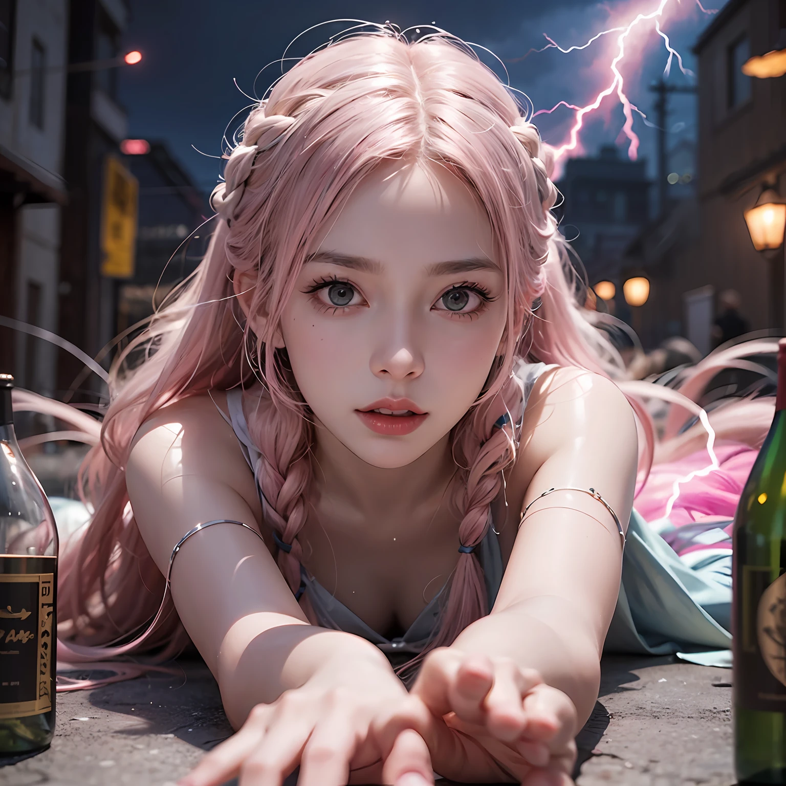 Drunk girl,(best qualtiy,8K,tmasterpiece:1.3),Goose egg face,largeeyes,long eyelasher,With bangs,Cool handsome,Domineering,Exquisite(live-action realistic style),Star-like eyes,Ultimate face,Photorealistic light and shadow,Clear facial features,Milky white skin,Fair skin, highdetailskin, Realistic skin details, Visible Pore,(Super detail),Petite body,(perfect bodies:1.1),Carmelto, full bodyesbian,Two braids,the night,the street,the street lights,Wine bottles,((dynamicposes),Collapsed on the ground,Confused),((storming,Dark night,cinmatic lighting)),((Dynamic background((pink lightning)) ,Dramatic scenes