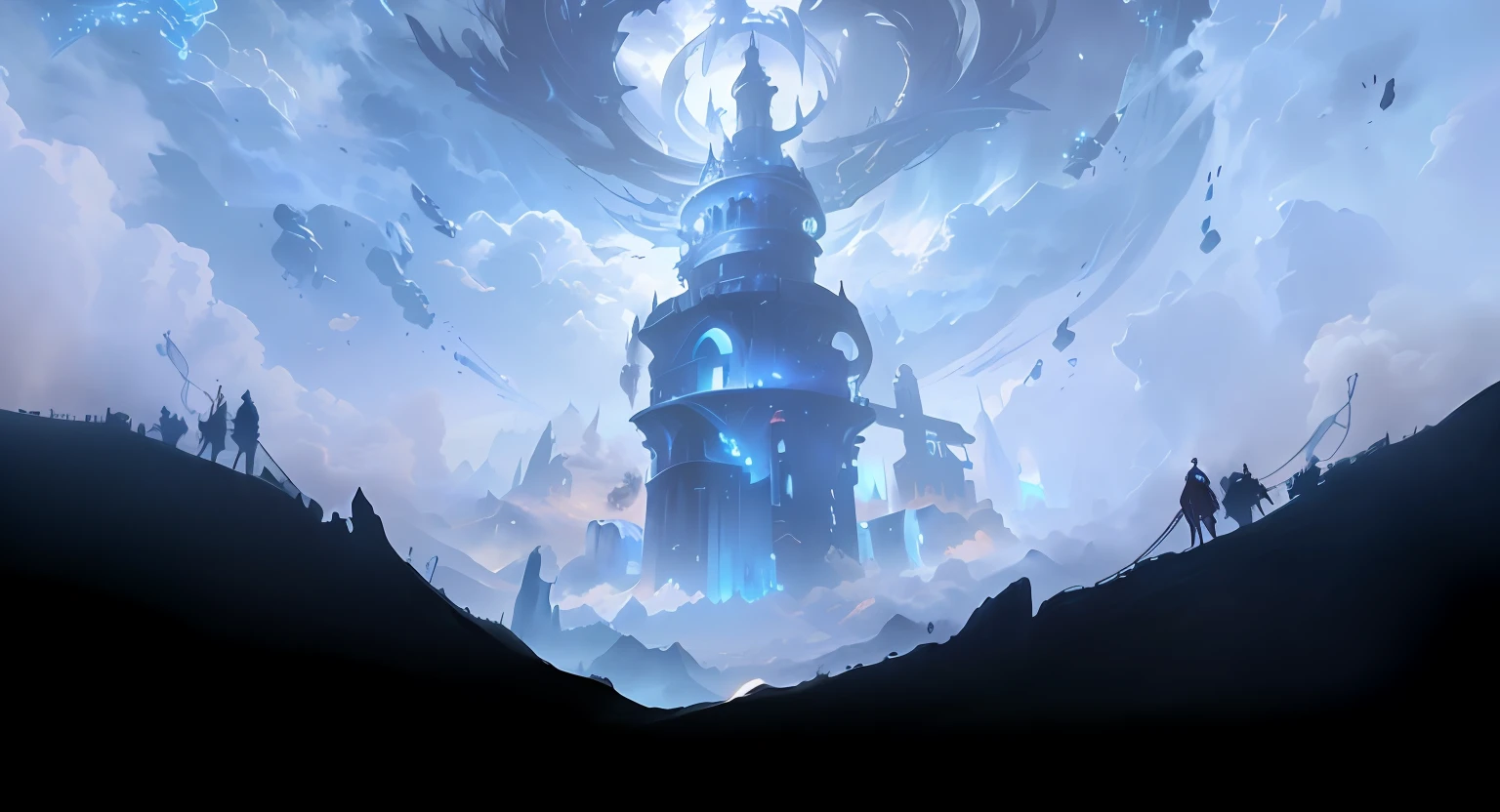 Giant tower scene towering in a cloudy sky, 8k hd wallpaperjpeg artifact, 8k hd wallpaperjpeg artifact, key art, Full of magic，Epic artwork, Concept art wallpaper 4K, Official Splash Art, 2. 5 D CGI anime fantasy artwork, Diablo detailed art, DNF dungeon background