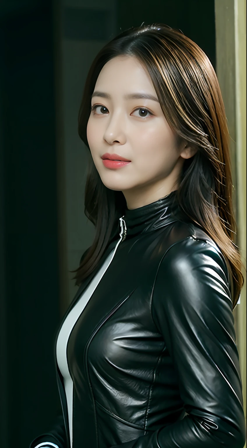 The highest image quality、超A high resolution、(真实感:1.4)、1girl in、delicate and beautiful face、Wearing a leather long-sleeved cyborg suit、Wearing a mecha helmet、The background is a futuristic city