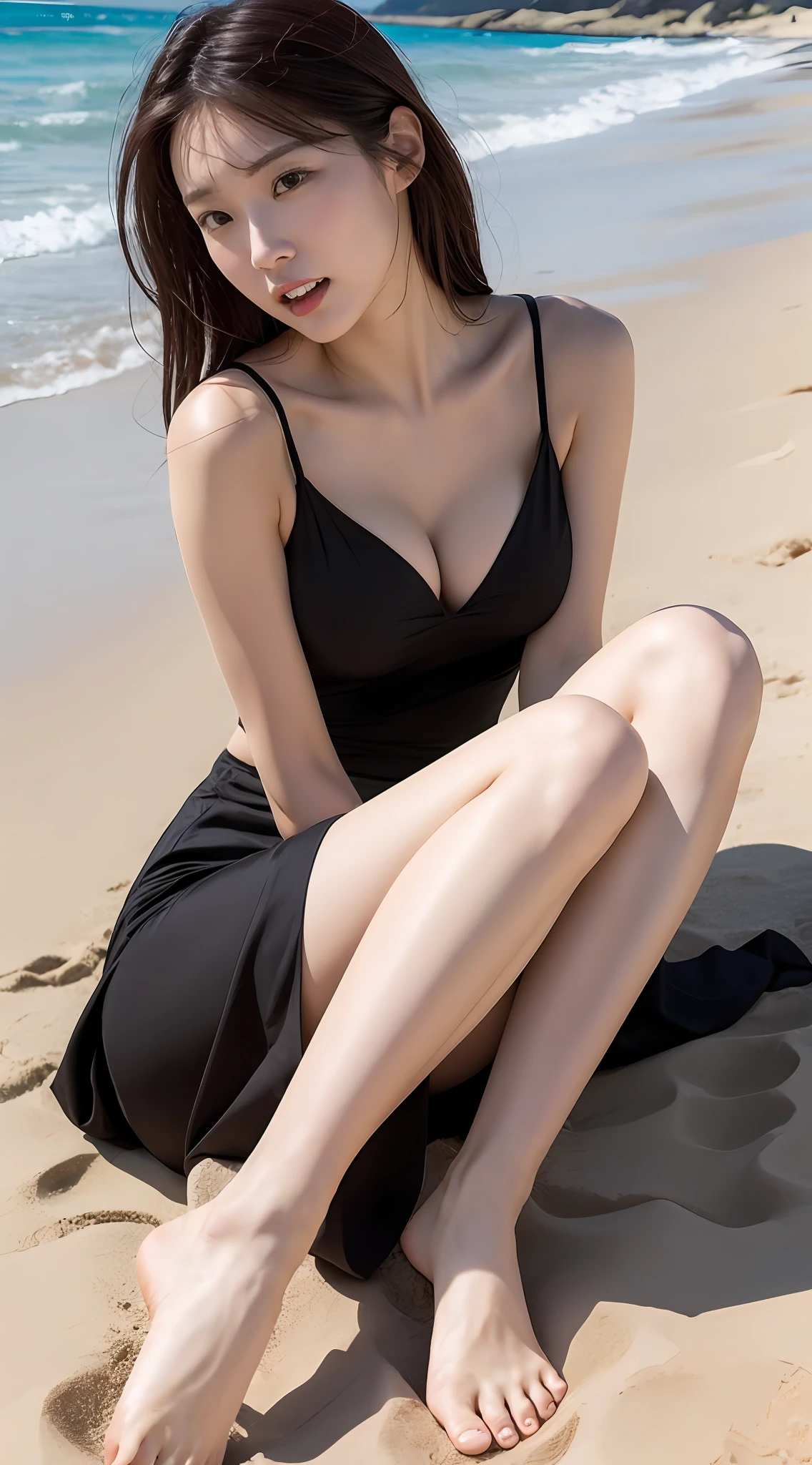 Beautuful Women，long leges，blacksilk，sandbeach，close-up on legs，Mouth open，Seductive pose