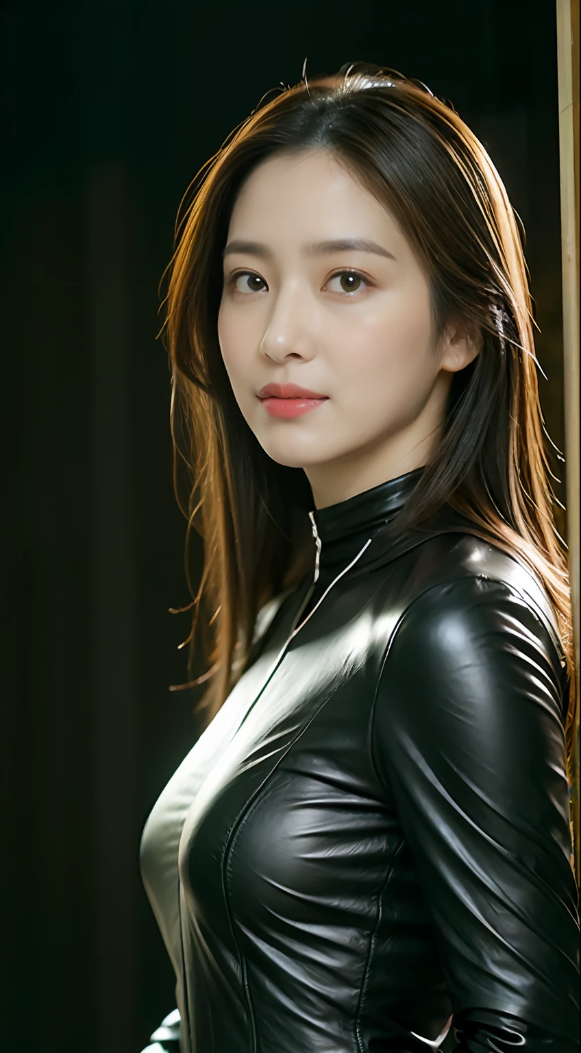 The highest image quality、超A high resolution、(真实感:1.4)、1girl in、delicate and beautiful face、Wearing a leather long-sleeved cyborg suit、Wearing a mecha helmet、The background is a futuristic city