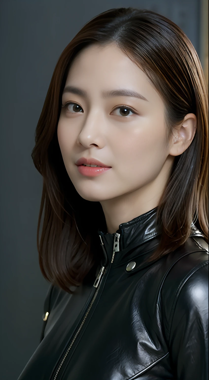 The highest image quality、超A high resolution、(真实感:1.4)、1girl in、delicate and beautiful face、Wearing a leather long-sleeved cyborg suit、Wearing a mecha helmet、The background is a futuristic city