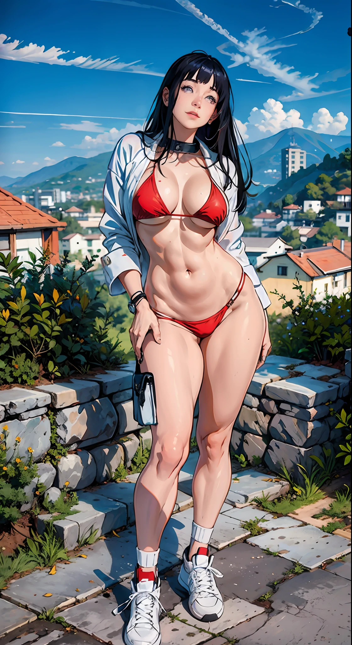 Hinata Hyuga in a bikini and sneakers posing for a photo, bunda grande, coxas grossas, pernas grossas, sexy, cintura magra e quadris grossos, 2 Modelo feminina, full body shot in bikini, corpo grosso, Encaixe figura delicada, corpo atraente, foto fit, in a bikini, corpo perfeito e proporcional