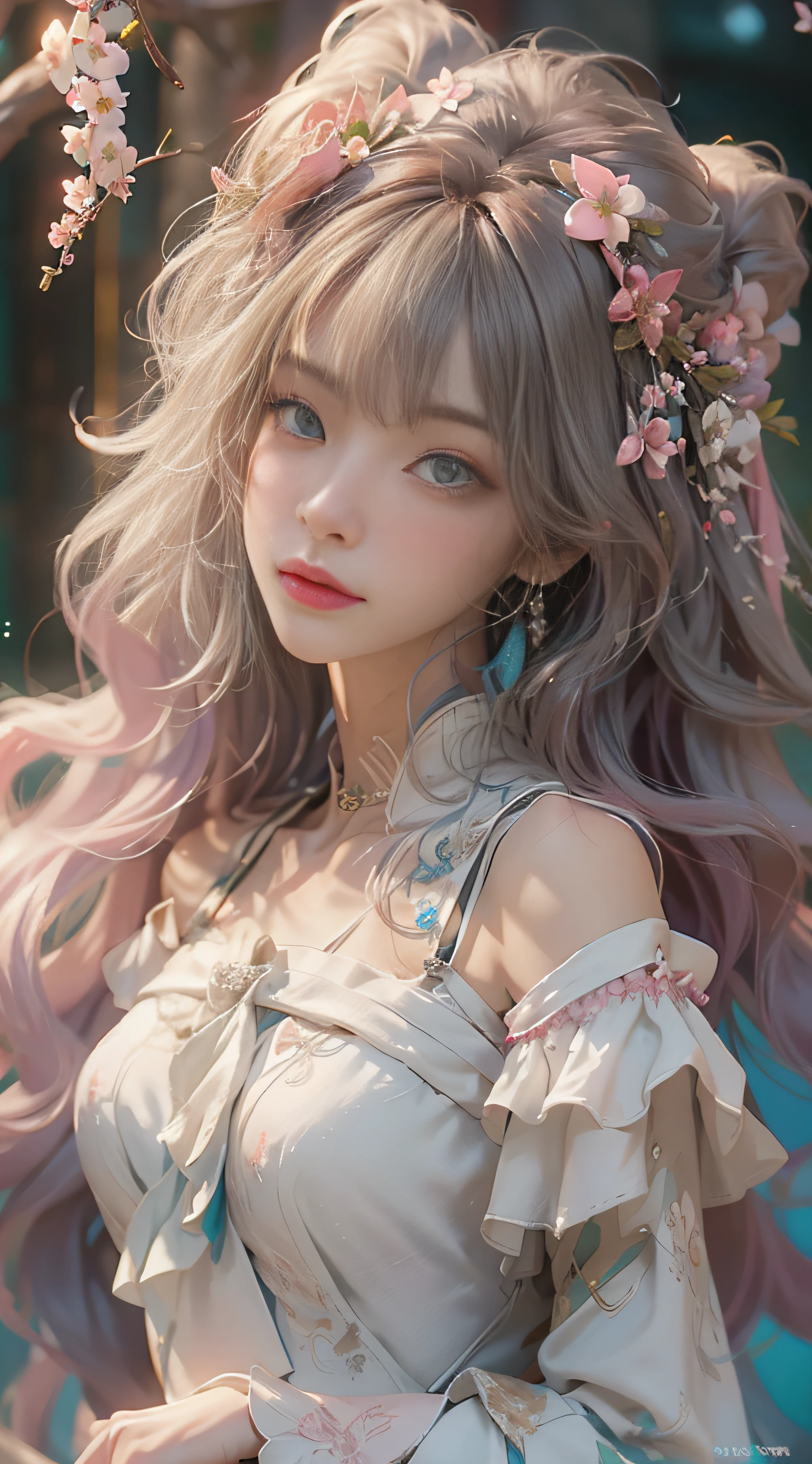 ((best qualtiy)), ((tmasterpiece)), (detail:1.4), Beautiful cyberpunk female images,hdr(HighDynamicRange),Ray traching,NVIDIA RTX,Hyper-Resolution,illusory 5,sub surface scattering,PBR textures,post-proces,Anisotropy Filtering,depth of fields,maximum definition and sharpness,Many-Layer Textures,Albedo e mapas Speculares,Surface coloring,Mitsu-Accurate simulation of material interactions,perfectly proportioned,rendering by octane,Two-colored light,largeaperture,Low ISO,White balance,Rule three points、8K raw data、Beautiful bright blue pupils,off-the-shoulder clothes,Fine pupils,Delicate face and eyes,long eyelasher,Blushlush,Delicate and fluffy hair,pink lip,Pure,Cute face,Sweet girl,Artistic sense,Casual wear,Advancedsense,butterflys,Cherry blossom petal,Beautiful hair accessories,Long hair and waist,Hair fluttering in the wind,wedding gown,curlies