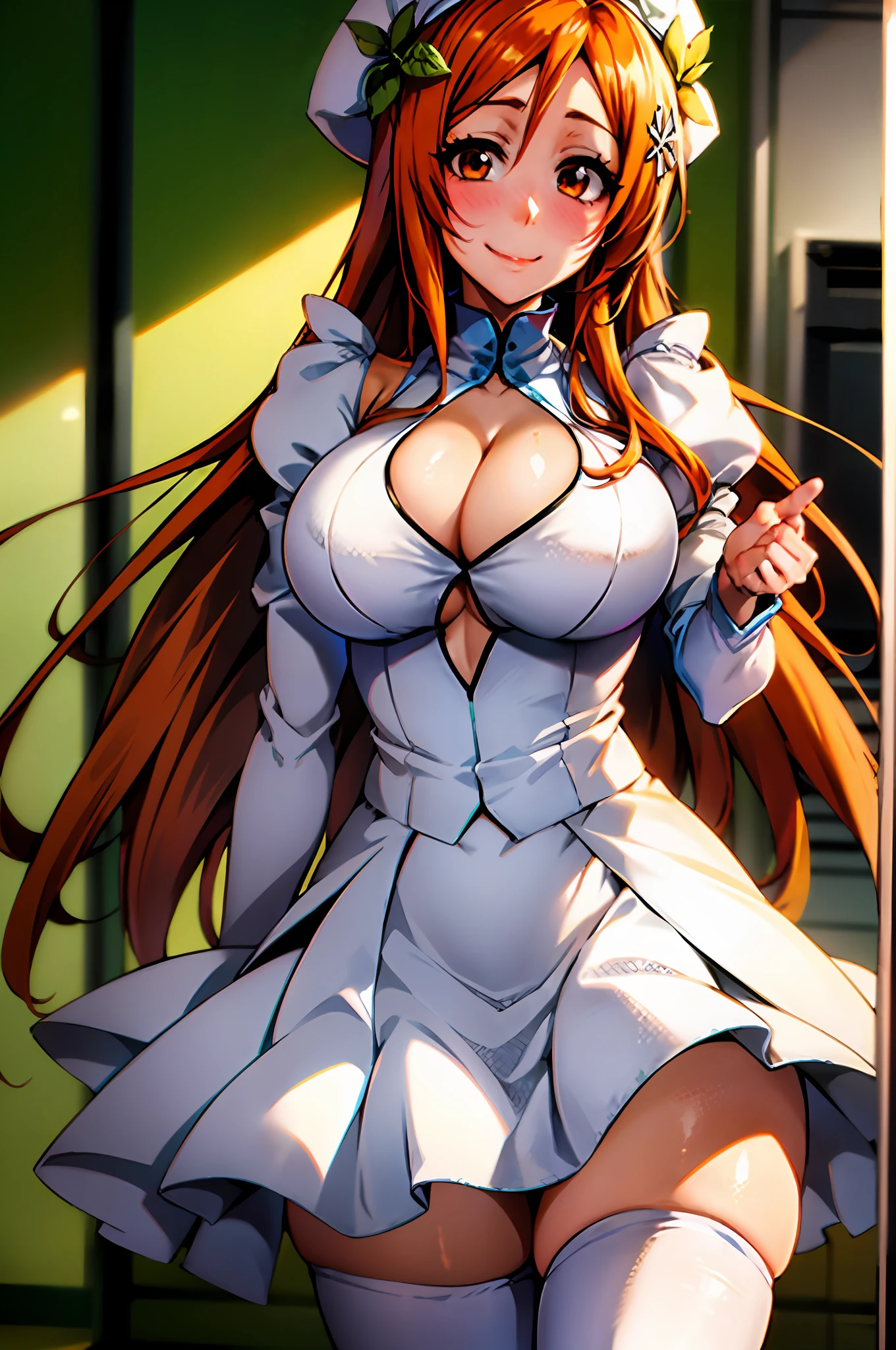 Orihime inoue, bleach, 1girl, solo, white (Orihimesomakjskirt ,cleavage, long skirt, puffy sleeves hat, hair between eyes, long hair, hair ornament, looking at viewer, messy hair,  orange hair, solo, thigh highs, thighs, long hair, ((masterpiece)), standing, sexy pose, blush, shy, smile, closes mouth,