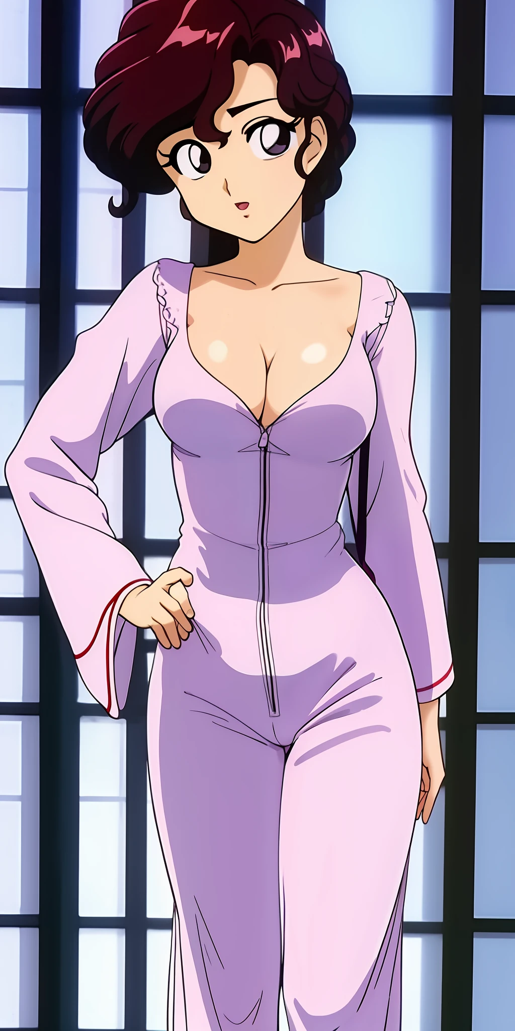 SaotomeNodoka, large_breasts, V Neck Onesie Pajamas Jumpsuit Romper Bodysuit with Drop Seat Butt Flap, standing, solo, masterpiece, best quality, detailed face, detailed eyes, highres,