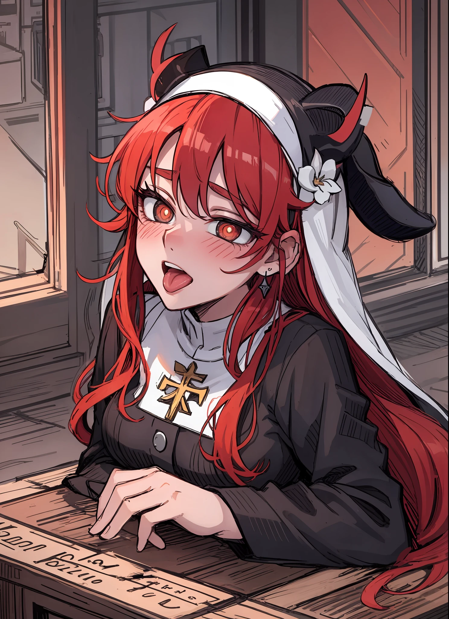 love in eyes, long red hair, red pupils, blushing, cute, Open Mouth Wide, Tongue Out, rolling eyes, black nun outfit, goat horn, black earring