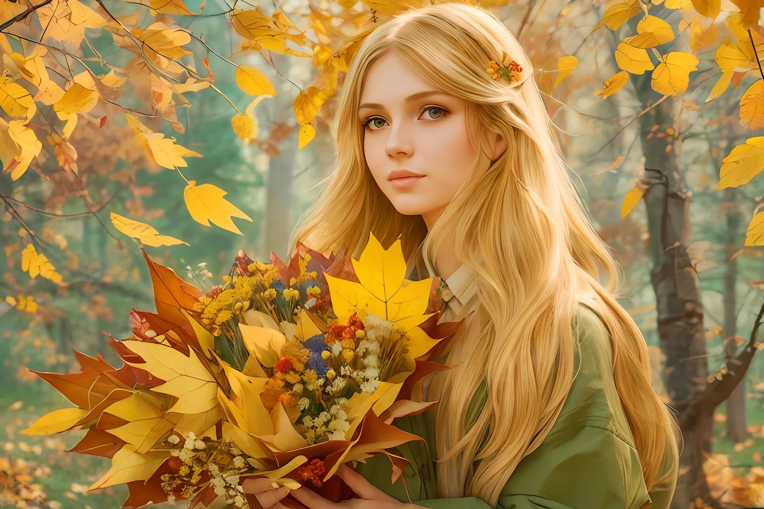Russian girl, blond long combed hair, Beautiful look of autumn mood, holds in his hands a collected bouquet of yellow and red autumn leaves, ((in the style of Viktor Vasnetsov)), intricate brush strokes by Vasnetsov, Highly detailed, in languid tones