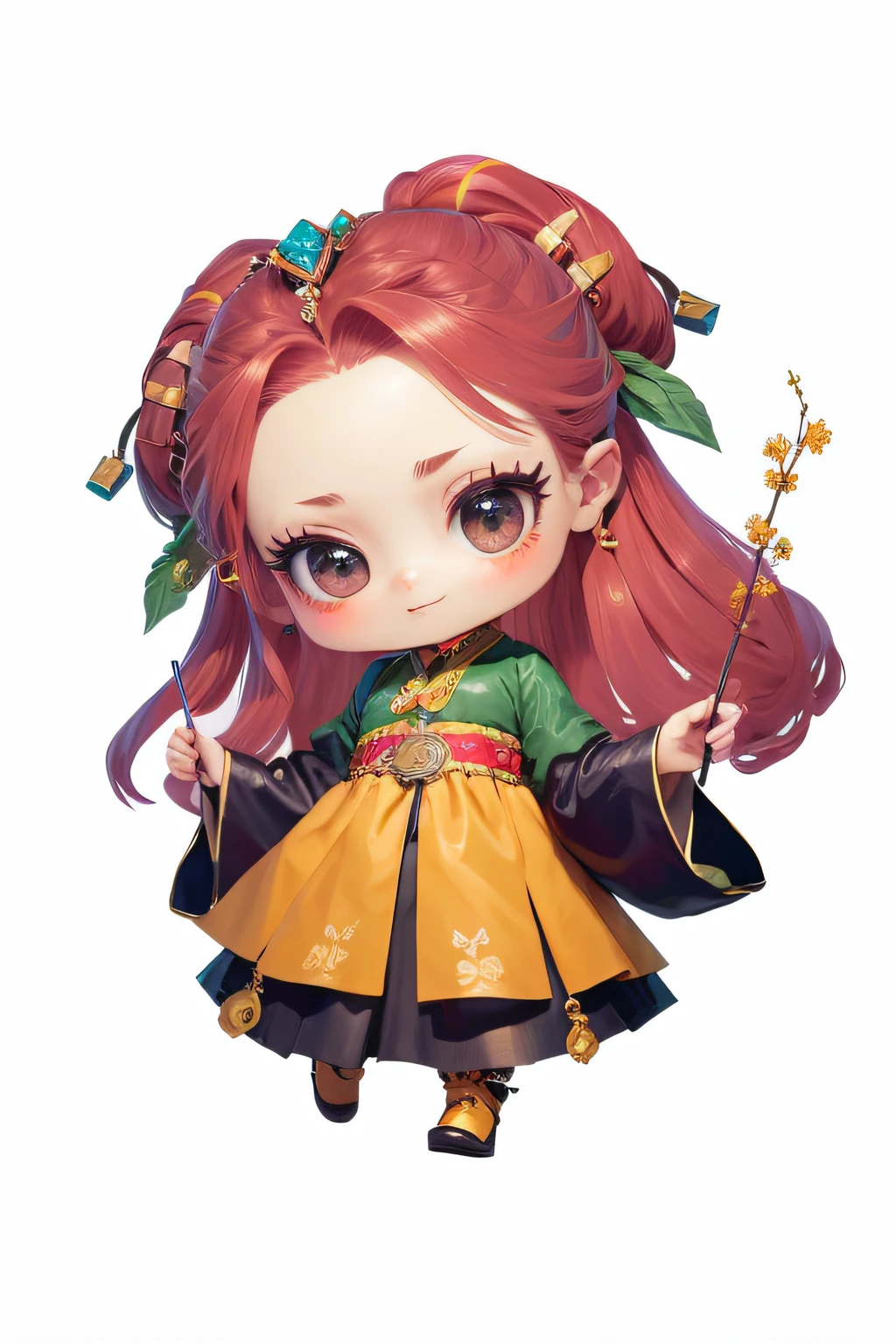 The head has a metal headband edge，（Metal edge 2.8）Earring jewelry，（Earring tassel 1.2)，There are gemstones on the head，（Jewel 1.1）,Flowers in hand，blossoms，A princess，