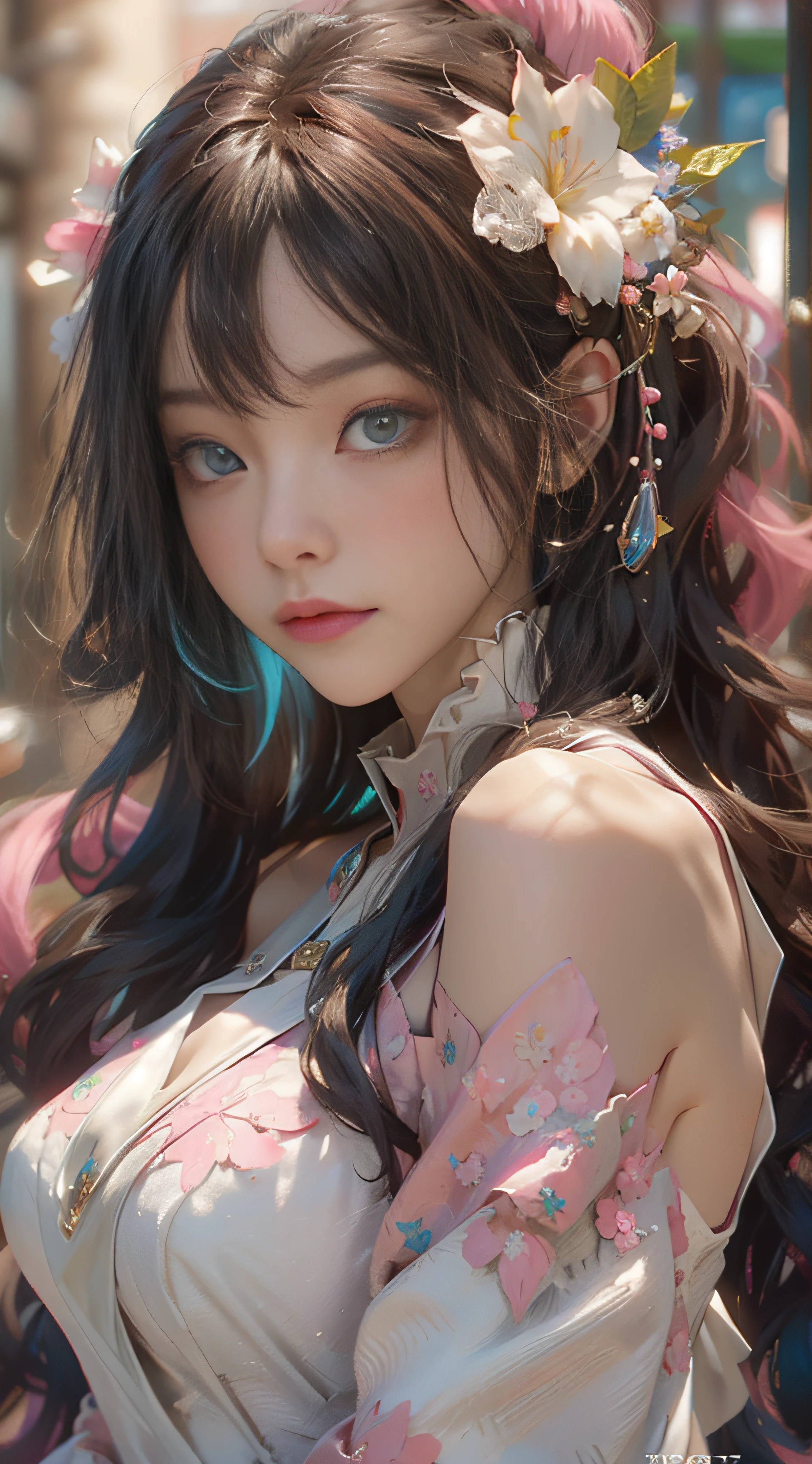 ((best qualtiy)), ((tmasterpiece)), (detail:1.4), Beautiful cyberpunk female images,hdr(HighDynamicRange),Ray traching,NVIDIA RTX,Hyper-Resolution,illusory 5,sub surface scattering,PBR textures,post-proces,Anisotropy Filtering,depth of fields,maximum definition and sharpness,Many-Layer Textures,Albedo e mapas Speculares,Surface coloring,Mitsu-Accurate simulation of material interactions,perfectly proportioned,rendering by octane,Two-colored light,largeaperture,Low ISO,White balance,Rule three points、8K raw data、Beautiful bright blue pupils,off-the-shoulder clothes,Fine pupils,Delicate face and eyes,long eyelasher,Blushlush,Delicate and fluffy hair,pink lip,Pure,Cute face,Sweet girl,Artistic sense,Casual wear,Advancedsense,butterflys,Cherry blossom petal,Beautiful hair accessories,Long hair and waist,Hair fluttering in the wind,wedding gown,curlies