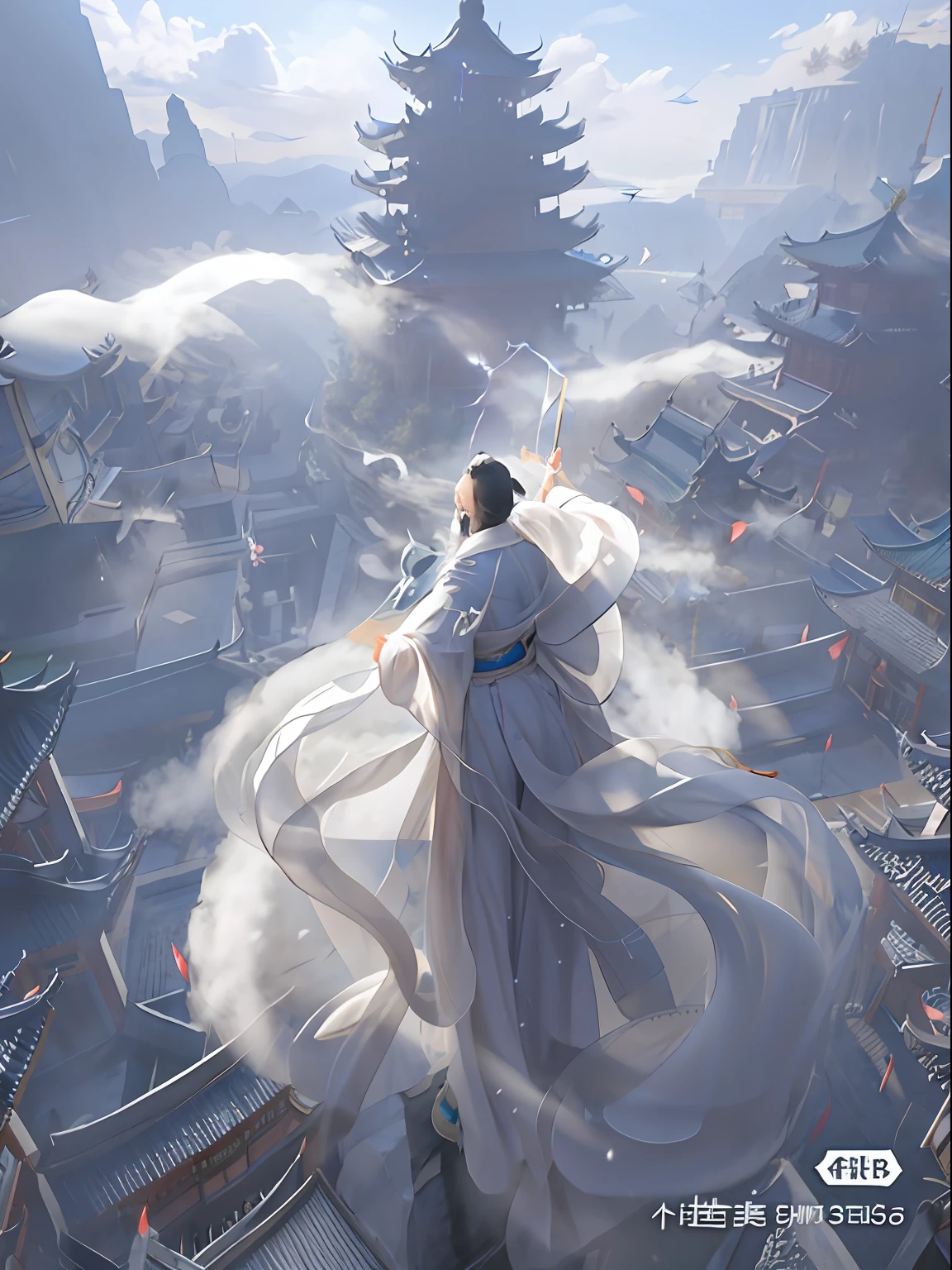 The image of Arafard flying in the air in an ancient Chinese city in a white robe, Flowing white robe, by Bayard Wu, chengwei pan on artstation, Feng Zhu concept art, ross tran and wlop, author：Han Gan, cgsociety and fenghua zhong, ross tran and bayard wu, Inspired by Fenghua Zhong