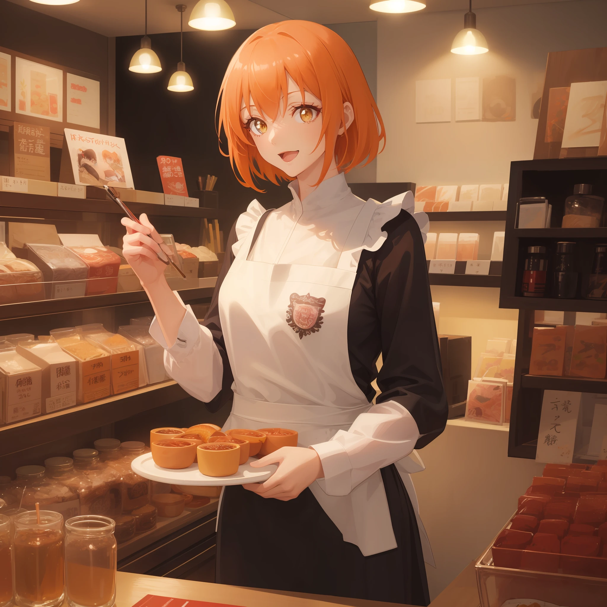 Illustration, (Solo, 1girl, Beautiful detailed eyes: 1.2), (masterpiece, of the highest quality, Super Detail: 1.6), Illustration, Best Quality, Dynamic Range, Bokeh, Indoors, very short hair, short bob hair, (orange hair), tuck one side hair behind ear, yellow eyes, Looking at Viewer, Smile, cheerful woman, Anime, (masutepiece, Best Quality,Ultra-detailed:1.6), (lip, nose, rouge, lipstick, eyeshadow:1.4), (blush:1.2), (jpeg artifacts:1.4), depth of field, bokeh, wearing white long sleeve blouse, long skirts, high neck blouse, (front view, frontal face, from front, light from front), indoor, 30 years old, barista, coffee, shop, wearing black apron, open mouth,