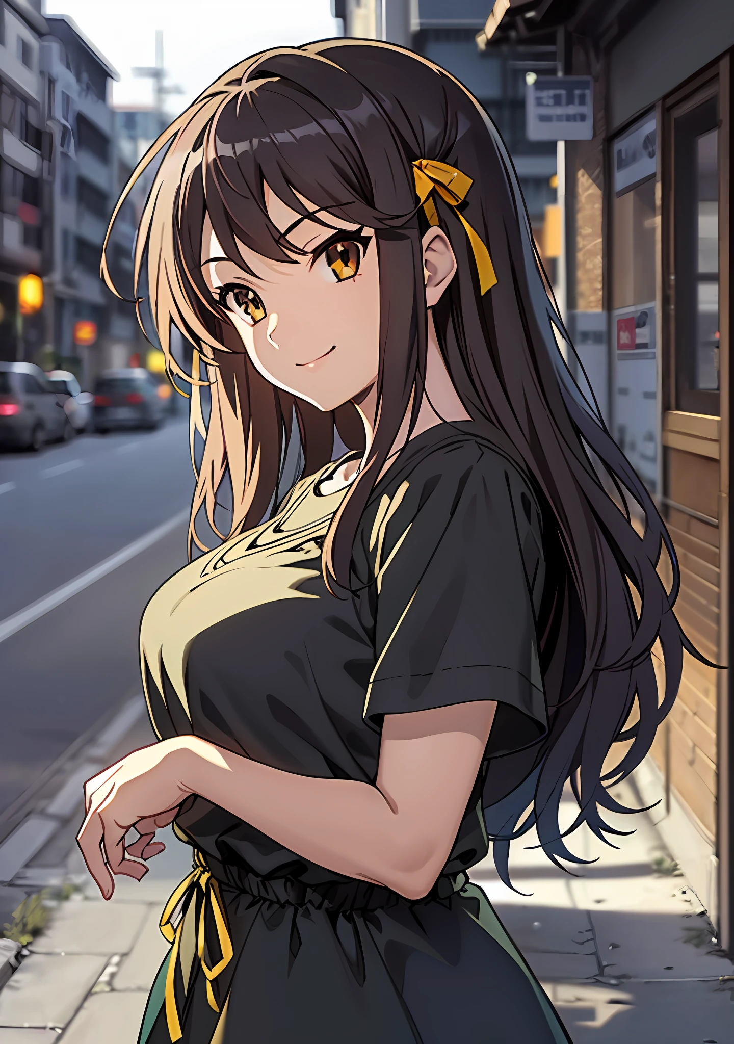 (highres, best quality:1.2), 1girl, kyoani artstyle, 1girl, sparkling eyes, radiance, soft contours, beautiful drawing, upper body, concept art, neon light, eyelashes, haruhi suzumiya, long black hair, brown eyes, smile, casual wear, summer city background, kyoani haruhi style