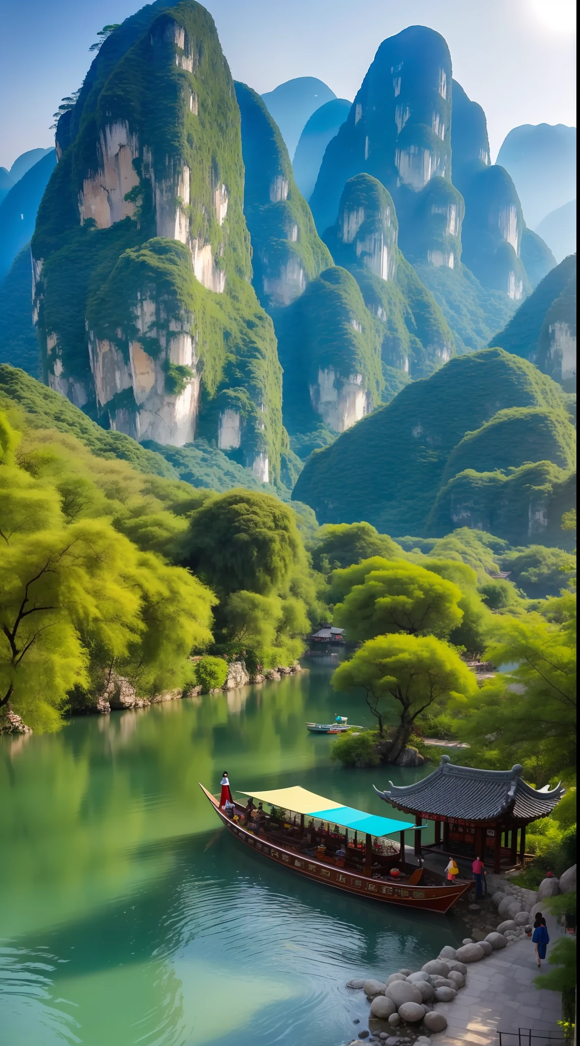 scenecy，photography of，Ultra photo realsisim，nature scenes，Skysky，mont，Eau，Guilin's beautiful natural scenery，
As the picture unfolds，Fascinating。
Poetry flows between mountains and rivers，
Every step is romantic。

The city of Guilin surrounded by mountains，
Mountains and mountains，Magnificent。
Emerald green peaks touch the sky，
It's like a fairyland。

The Li River meanders through，
Like a jasper ribbon。
Drift at a leisurely pace on the boat，
Away from the hustle and bustle，Enter the tranquility。

The sun shines on the turquoise water，
Reflection of the silhouette of a mountain peak。
Fish leap out of the water，dancing happily，
Colorful sailboats bloom。

The mountains on both sides of the Li River are gentle，
Qifeng is picturesque。
Elephant Trunk Mountain stands in its center，
Breathtaking spectacle。

arcadia，Xiangzhou Cottage，
with an antique feel，Historic glory。
Take a quiet stroll in this quaint place，
Feel the footprints of time。

Guilin is picturesque，
Depict the magic of nature。
Inspiration flows around every corner，
Every view is fascinating。

Guilin's beauty is timeless，
Deeply imprinted in the heart。
In this land full of charm，
Feel nature's gifts and blessings