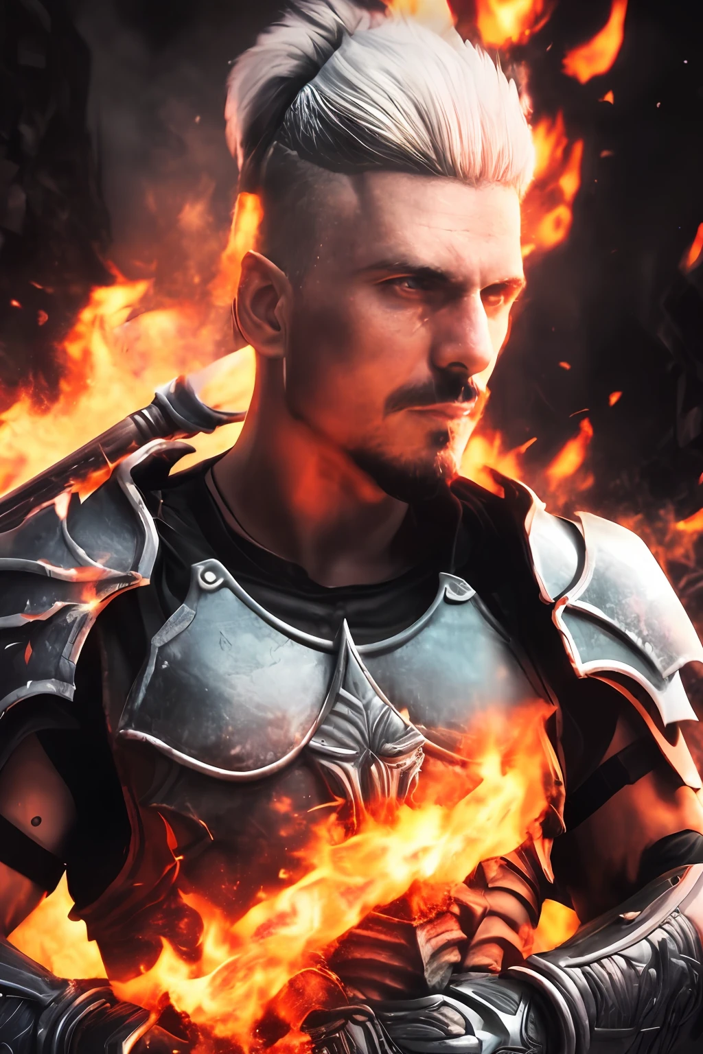 Close-up photo of a guy, face and chest, IGPPV01:1.8, 30 years, Fantasy Warrior, Masterpiece, awesome detailed armor, ultra detailed face and eyes, The Long Sword, fighting a dragon, Dark background, Low key, rim light, Dark Forest, night time, fire light, Octane Render, 8K resolution, HDR, cinematic, deep shadows, Rembrandt light