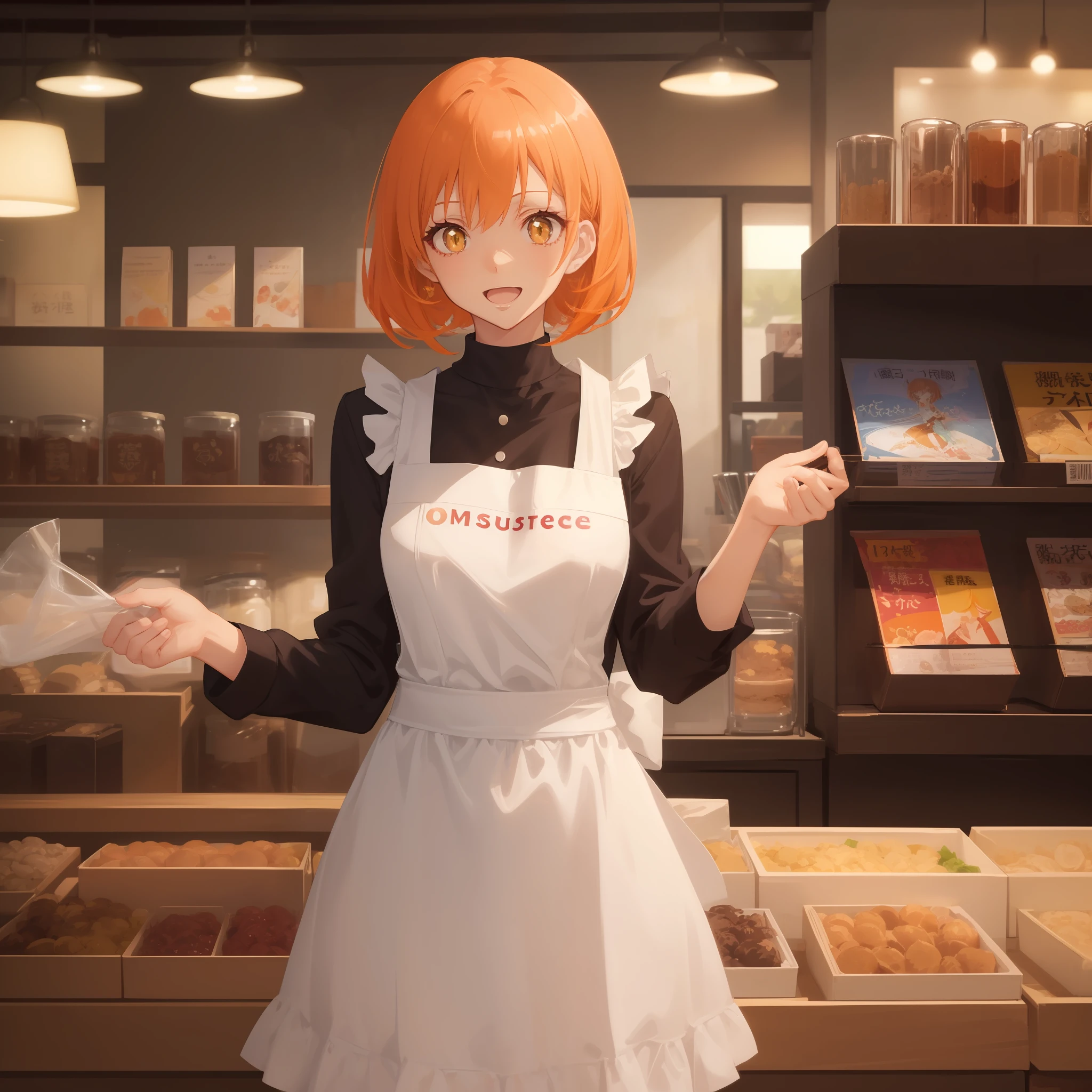 Illustration, (Solo, 1girl, Beautiful detailed eyes: 1.2), (masterpiece, of the highest quality, Super Detail: 1.6), Illustration, Best Quality, Dynamic Range, Bokeh, Indoors, very short hair, short bob hair, (orange hair), tuck one side hair behind ear, yellow eyes, Looking at Viewer, Smile, cheerful woman, Anime, (masutepiece, Best Quality,Ultra-detailed:1.6), (lip, nose, rouge, lipstick, eyeshadow:1.4), (blush:1.2), (jpeg artifacts:1.4), depth of field, bokeh,  wearing white long sleeve blouse, long skirts, high neck blouse, (front view, frontal face, from front, light from front), indoor, 30 years old, barista, coffee, shop, wearing black apron, open mouth,