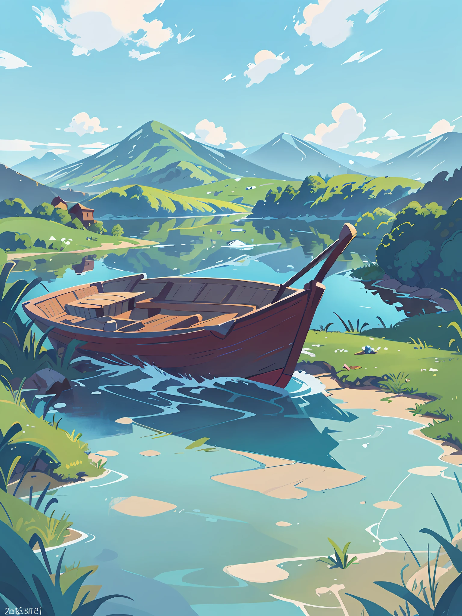 painting of a boat on a lake with a sky background, painterly illustration, detailed scenery —width 672, vibrant gouache painting scenery, landscape illustration, scenery artwork, gouache matte painting, a beautiful artwork illustration, marsh, serene illustration, by Odhise Paskali, marshes, flat colors and strokes, 2 d gouache illustration, low detailed. digital painting