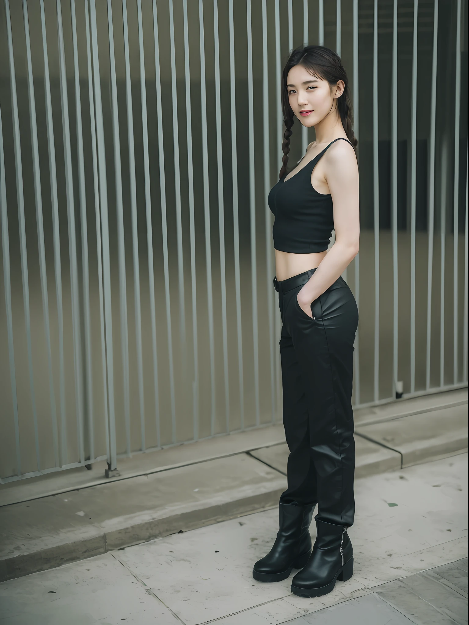 ((Best picture quality, 8K, tmasterpiece:1.3)),((1个Giant Breast Girl)),A small braid,Ultra-fine face,A detailed eye,ssmile,The chest is relatively small,Slender abs,Legs are very thin and long,The butt is upturned,(black tanktop,Black cargo trousers,Black Martin boots,In the background is an abandoned building)),