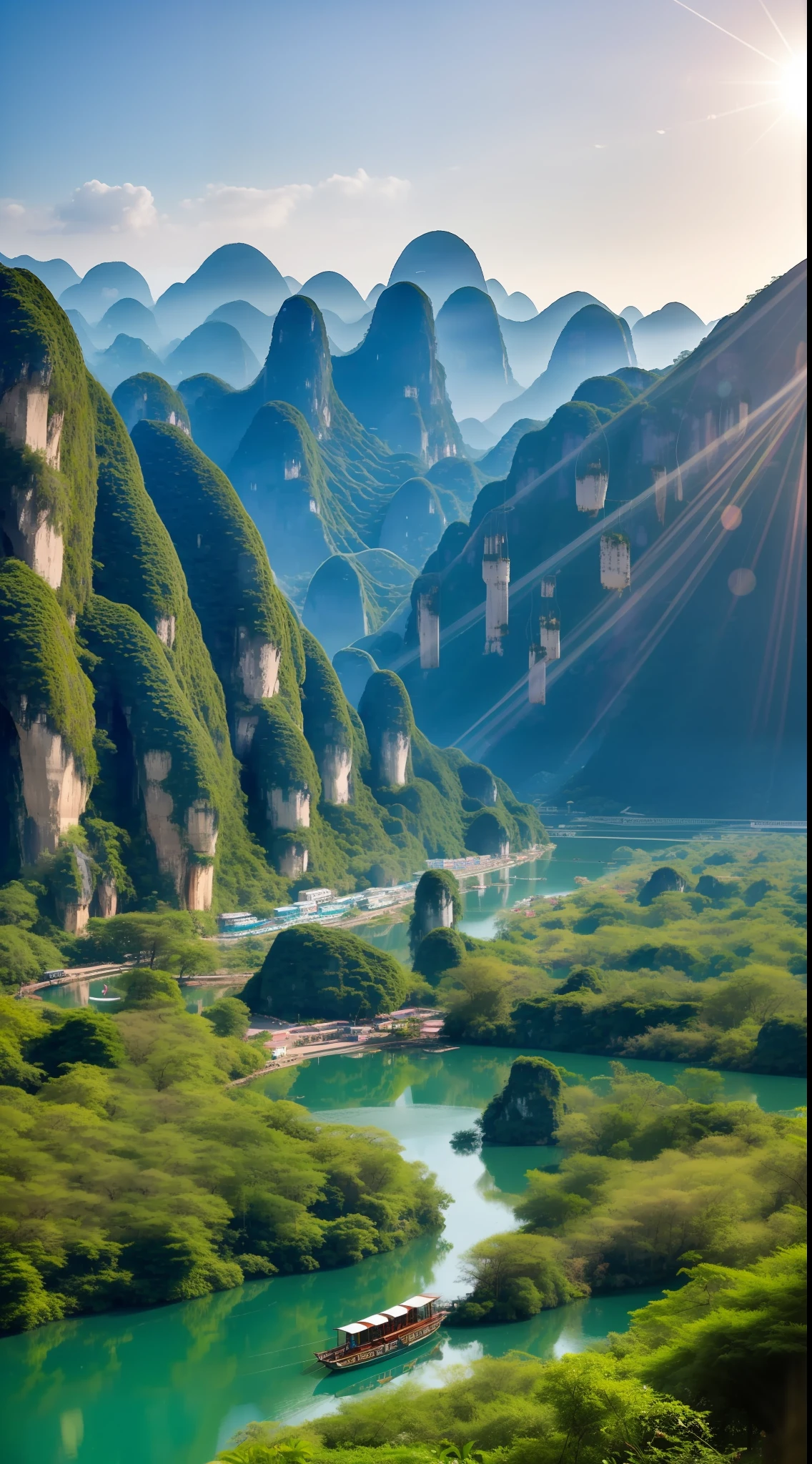 scenecy,photography of,Ultra photo realsisim,nature scenes,Skysky,mont,Eau,Guilin's beautiful natural scenery,
As the picture unfolds,Fascinating。
Poetry flows between mountains and rivers,
Every step is romantic。
The city of Guilin surrounded by mountains,
Mountains and mountains,Magnificent。
Emerald green peaks touch the sky,
It's like a fairyland。
The Li River meanders through,
Like a jasper ribbon。
Drift at a leisurely pace on the boat,
Away from the hustle and bustle,Enter the tranquility。
The sun shines on the turquoise water,
Reflection of the silhouette of a mountain peak。
Fish leap out of the water,dancing happily,
Colorful sailboats bloom。
The mountains on both sides of the Li River are gentle,
Qifeng is picturesque。
Elephant Trunk Mountain stands in its center,
Breathtaking spectacle。
arcadia,Xiangzhou Cottage,
with an antique feel,Historic glory。
Take a quiet stroll in this quaint place,
Feel the footprints of time。
Guilin is picturesque,
Depict the magic of nature。
Inspiration flows around every corner,
Every view is fascinating。
Guilin's beauty is timeless,
Deeply imprinted in the heart。
In this land full of charm,
Feel nature's gifts and blessings