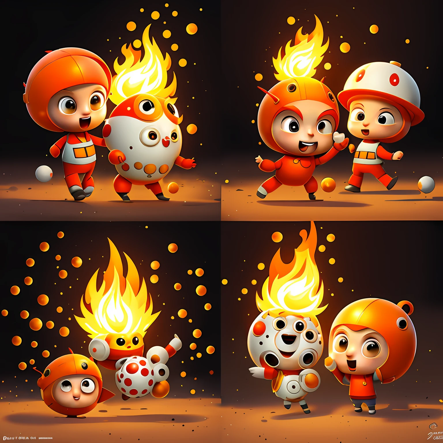 Cartoon characters with fire and balls in several people, Rust and dust，Fire and dirt, adorable digital art, dust and particles, pixar cute character design, Hand drawn illustrations, Cute hand drawn rendering, childrens art in artstation, Dust,Cute detailed digital art, Dusty volumetric lighting