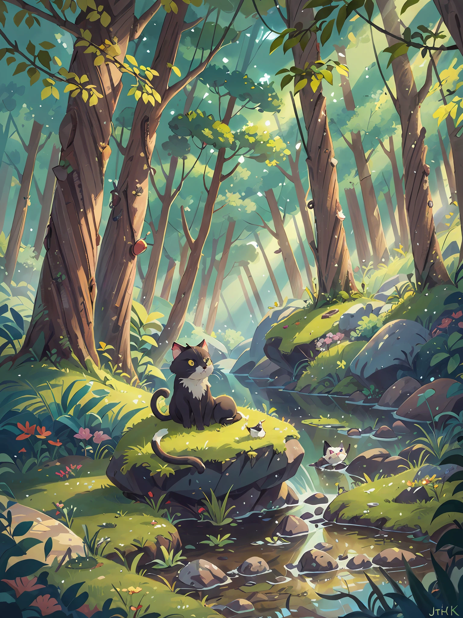 there is a cat sitting on a rock in the middle of a forest, detailed painting 4 k, beautiful art uhd 4 k, painted in anime painter studio, anime nature wallpap, calm night. digital illustration, serene illustration, anime lush john 8k woods, anime art wallpaper 4k, anime art wallpaper 4 k, anime background art, lofi artstyle
