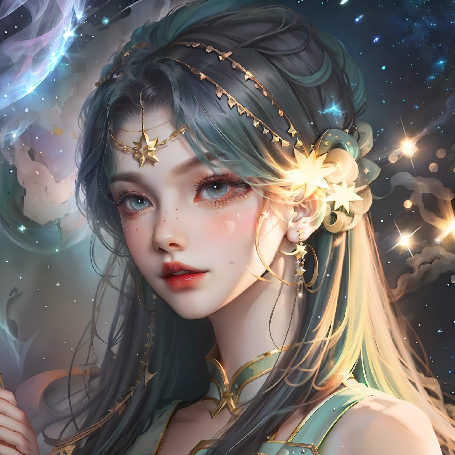 Girl with dark green hair。Starry sky nebula in background,The stars shine