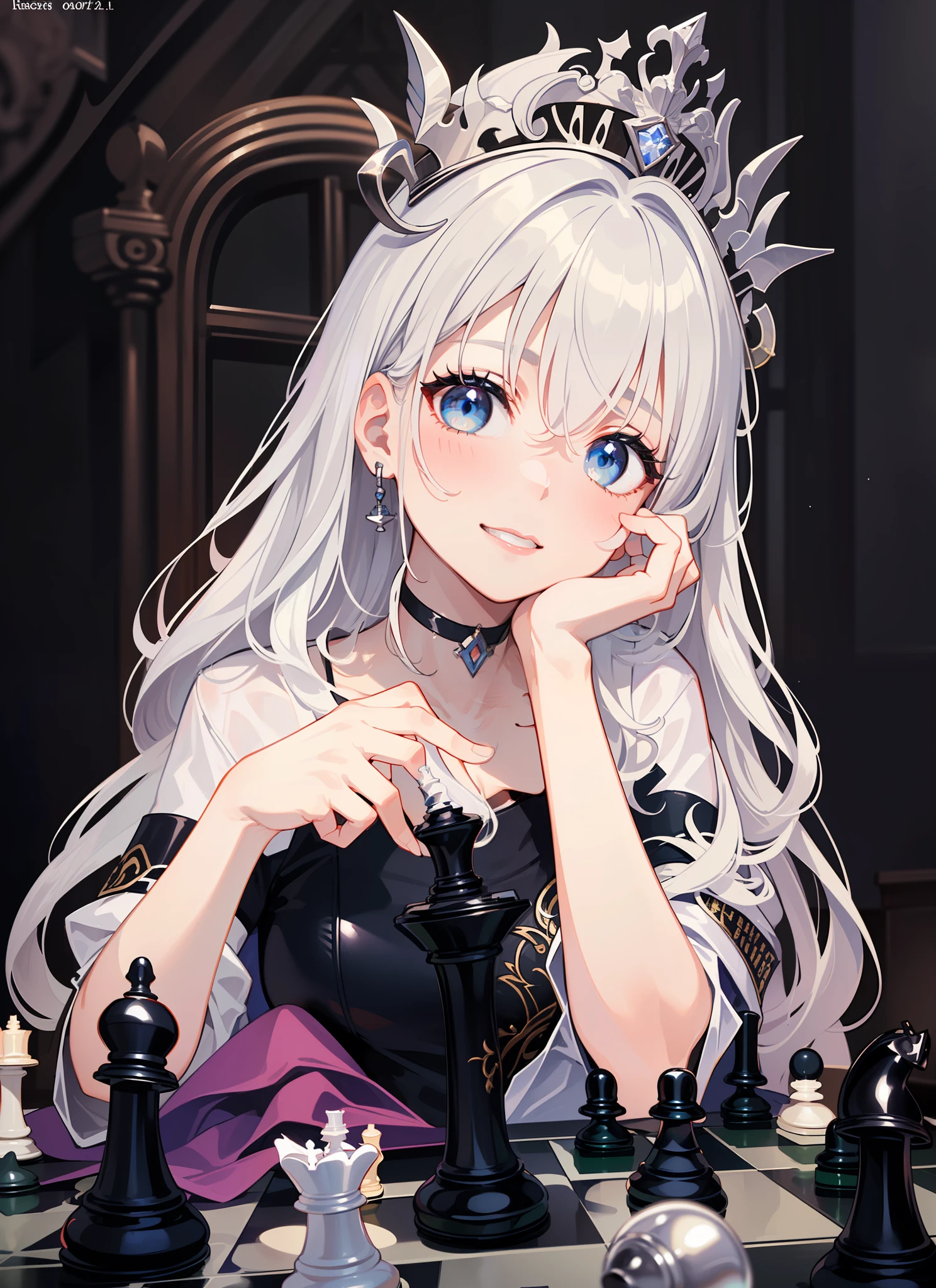 ((Masterpiece: 1.2, top quality)), ((1 girl)), silver hair, blue eyes (beautiful), ((same pose)), ((chess board)), ((fantasy academy uniform, magic)), fantasy vibe, natural smile, soft lighting, chess piecess, detailed accessories, chess symbol badge, for novel cover, big dreamy eyes, chess table, sitting on the throne