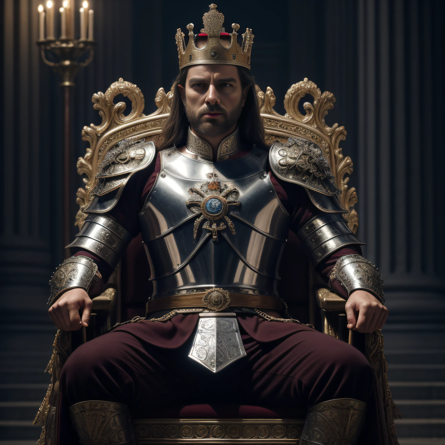 "In this photorealistic portrayal, King Richard I, known as the Lionheart, sits regally upon his throne, adorned in majestic and gallant armor. His fierce gaze exudes power and determination, embodying the spirit of a fearless warrior king. Soft studio lighting casts a warm glow on the scene, highlighting the intricate details of the armor and the intensity in King Richard's eyes. The camera captures a close-up shot with a 70mm lens, ensuring clarity in every ornate embellishment of the armor and the commanding presence of the Lionheart. The resolution is set at 4K, allowing for a highly detailed and immersive depiction of this iconic historical figure.
