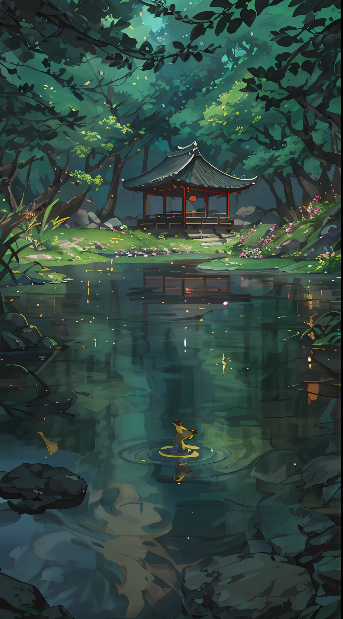 Chinese ancient times, spring, jungle, lake, cave, waterfall, tree, meadow, rock, deer, hot spring, petal, water vapor, (illustration: 1.0), epic composition, realistic lighting, HD detail, masterpiece, best quality, (very detailed CG unified 8k wallpaper)