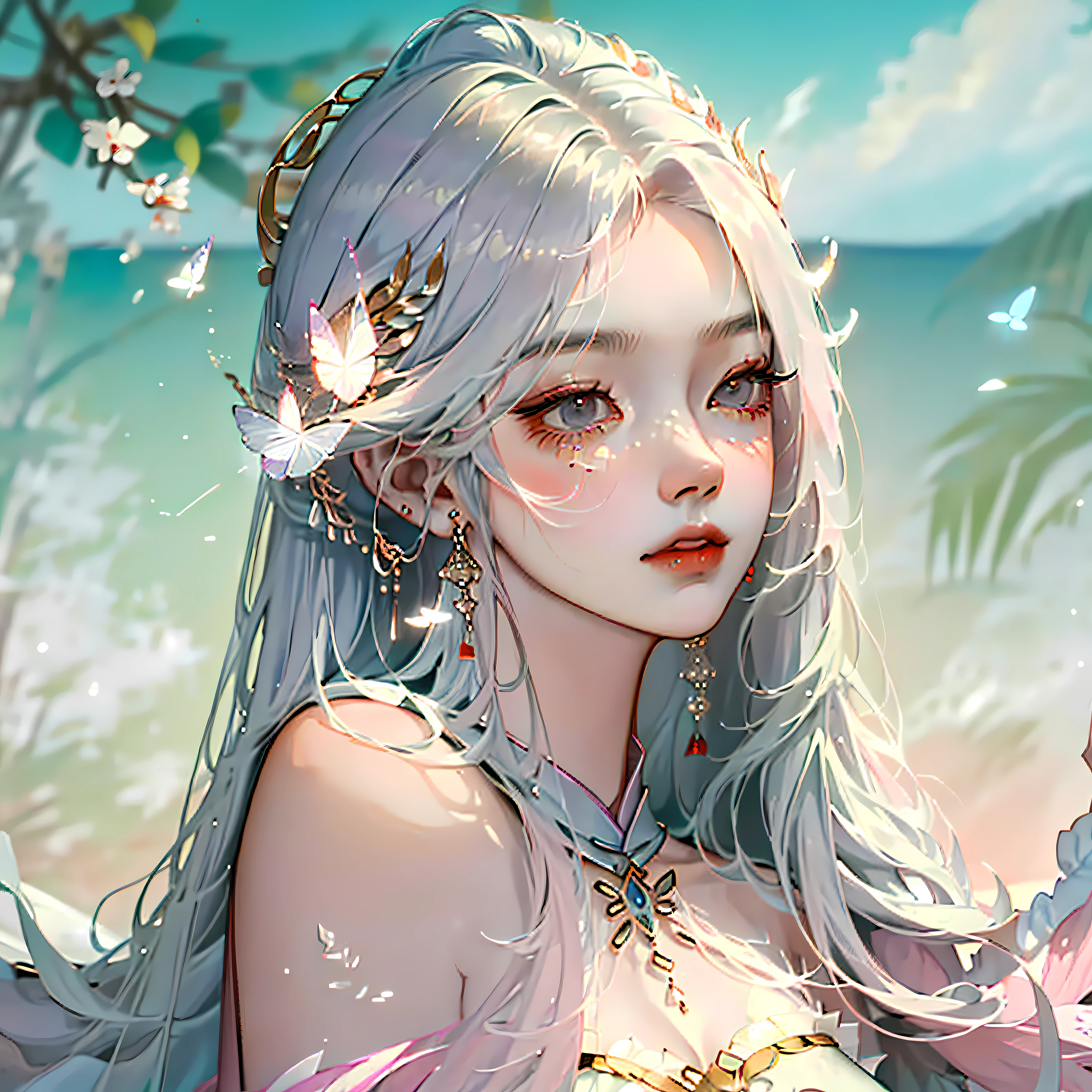 Yun Xian'er has a graceful figure, fair and silky skin, a delicate and moving appearance, her eyebrows are like butterflies, her eyes are like autumn water, the corners of her eyes are ghostly, her long hair is shawl, her skin is fair, her body is petite, her face is gentle and beautiful, her lips are slightly opened, her eyebrows are affectionate, and she exudes a fresh breath. Her nose bridge is straight, her lips are rosy and plump, slightly raised, exuding a confident and intelligent temperament, she is dressed in a lilac dress, slightly permeated with a light and elegant breath; Her hair is flicked on her shoulders, soft and bright like velvet, and her eyes seem to have endless wisdom, looking very heartwarming, masterpiece, the best quality