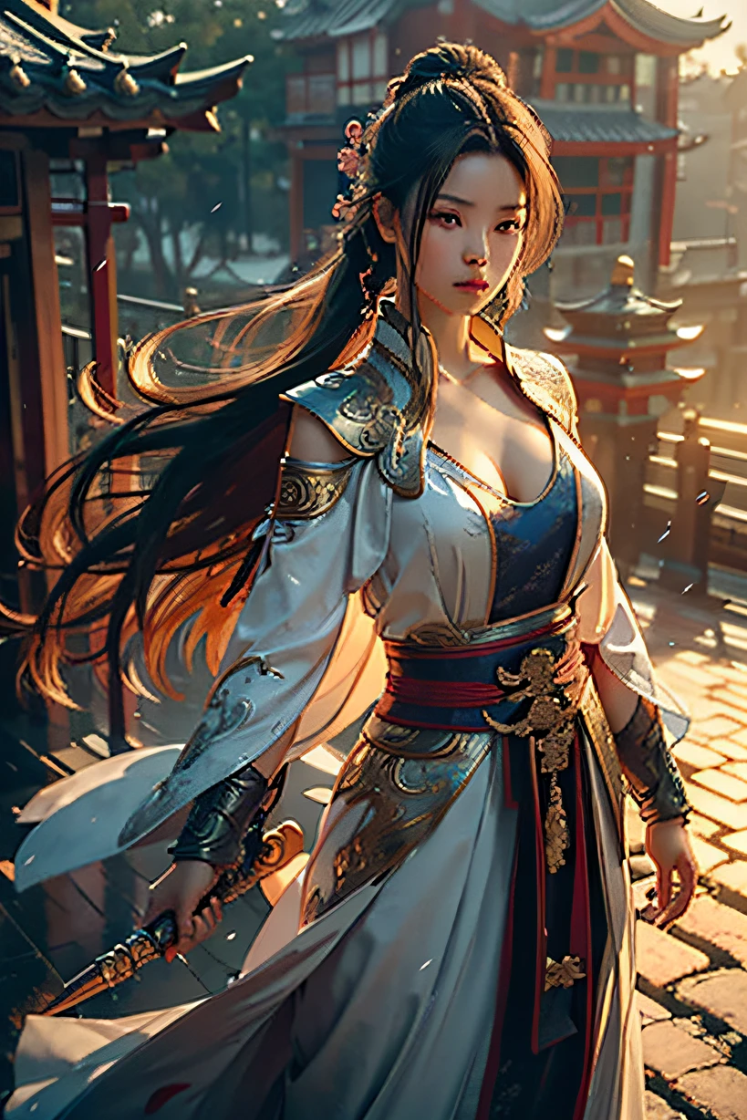 Best quality,masterpiece,ultra high res,(photorealistic:1.4),xiuxian,weapon,Detailed face,
1girl,solo,weapon,cleavage,magic circle,xiuxian,upper body,Beautiful girl,full body,east asian architecture,sheath,architecture,