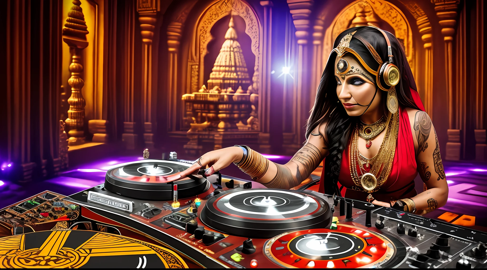 Tantric priestess with tattoos and percings and an ironman mask mixing music on a DJ turntable at a Hindu temple Ultra-realistic photo -- --auto