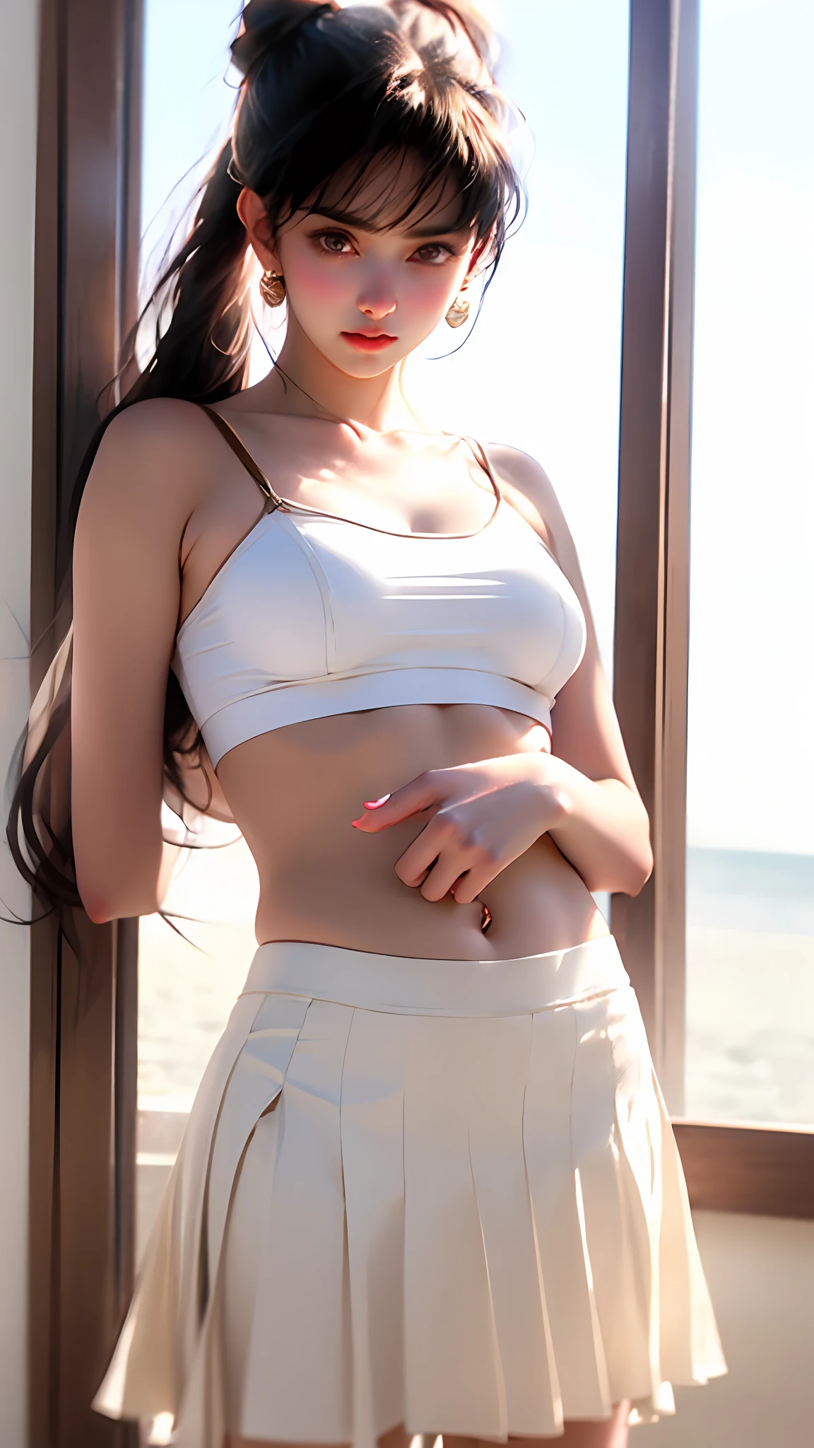 Beautiful woman standing in miniskirt、White panties are visible、flaxen hair、Wheat-toned skin、Beautiful woman with beautiful thighs、Flipped skirt、age19、Wearing a super mini skirt、Bikini underwear、Hands behind the head、Woman in a ponytail,Bikini Panties、camel's toe、see -through、White underwear、Woman pinching and flipping skirt、Realistic crotch