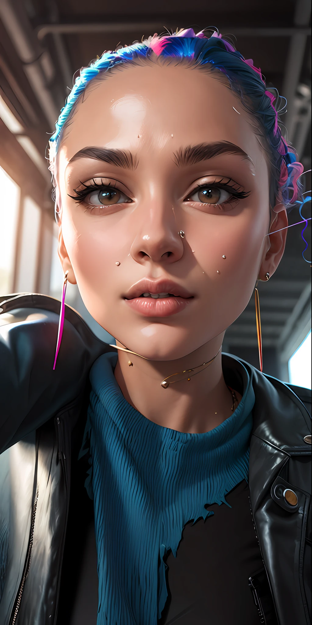 photorealistic, ultra realistic,3D, artstation, cgsociety, 8 k,
award winning photography of a beautiful woman walking at  the park, (fashion), (multi color hair:1.2), cheekbones, detailed face, Bejeweled,  a nice long leather jacket, torn jeans, topless, (exquisitely detailed skin, perfect anatomy, wide hips, smooth midriff, thigh gap), sunglasses
colorful, vibrant